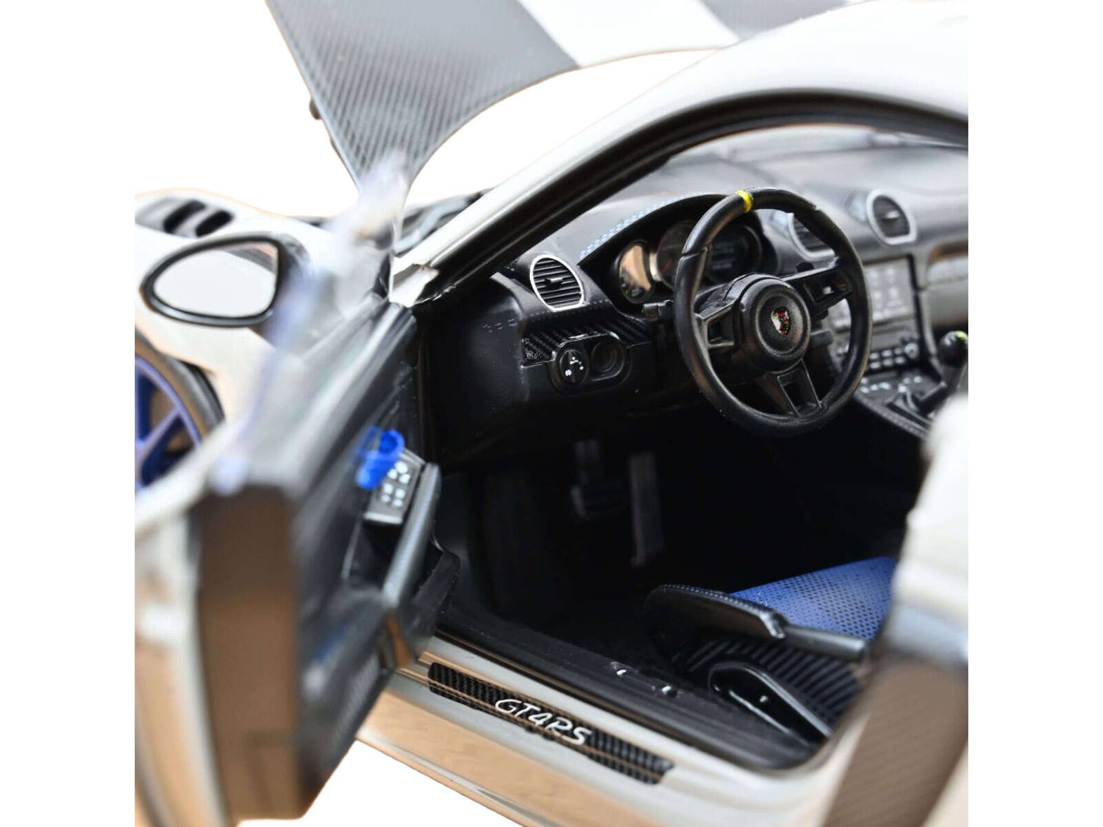Alt View 3. Norev - 2023 Porsche Cayman GT4 RS Weissach Pack Chalk Gray with Carbon Hood Stripes 1/18 Diecast Model Car by Norev.