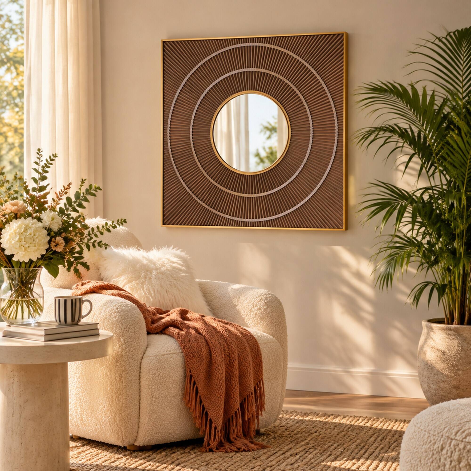 RYHNUYNE 40 in Square Carved Wall Mirror, Gold Iron Frame, Pleated Ring ...
