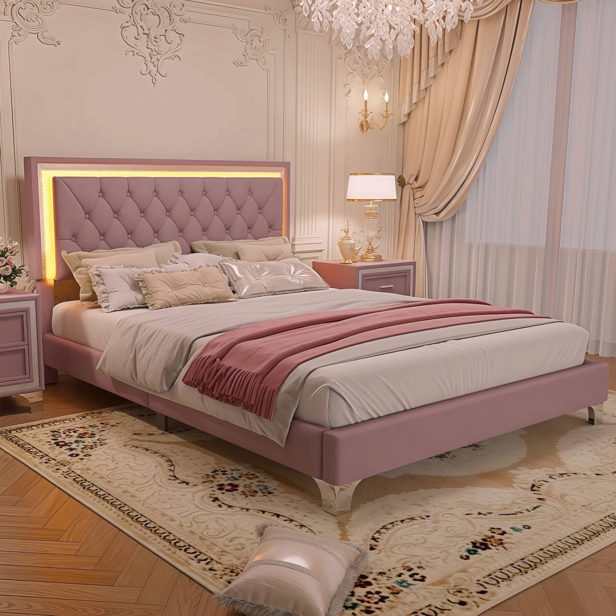 Angle. GOODSILO - Elegant Velvet Upholstered Queen Bed Frame with LED Lights and Tufted Headboard - Pink.