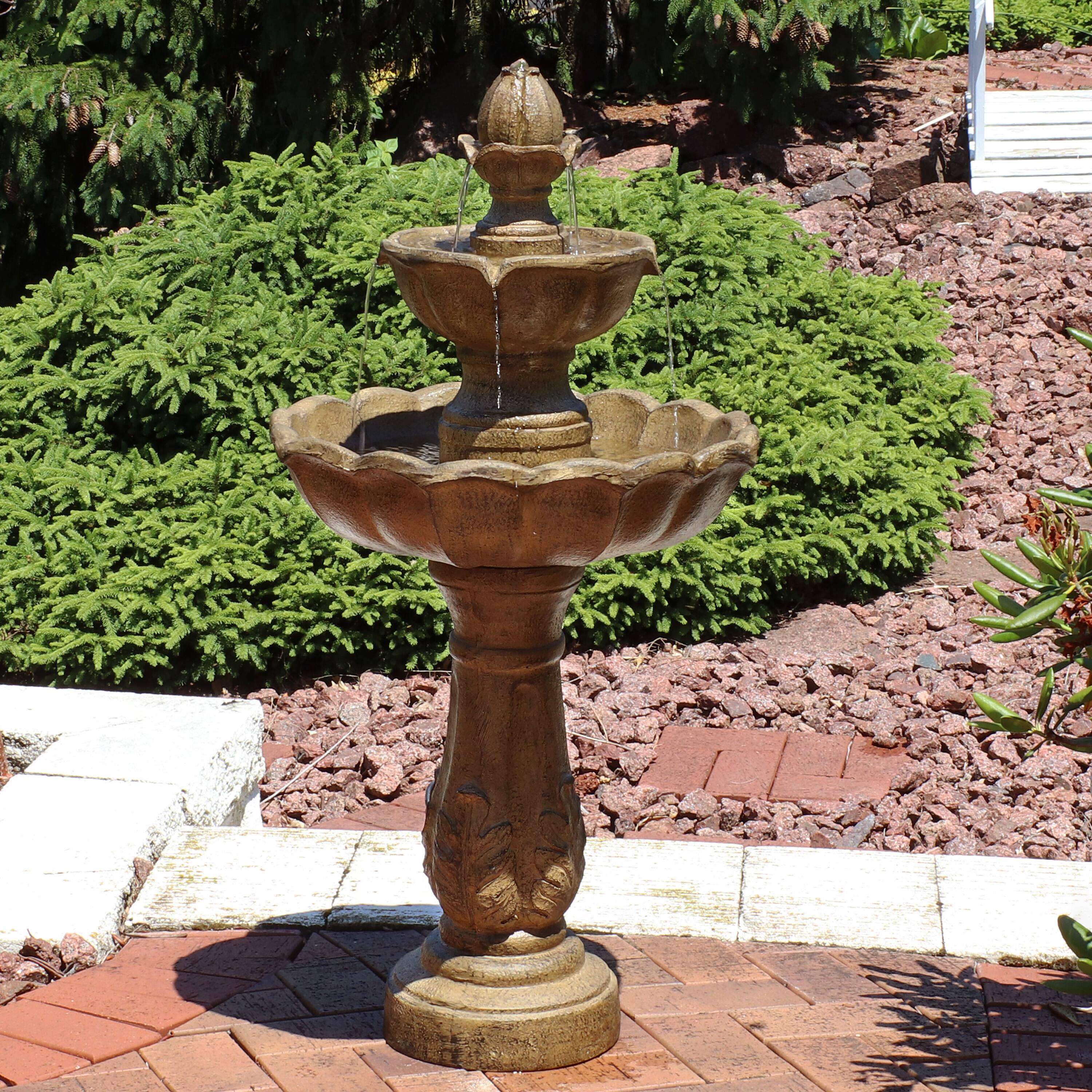 Alt View 3. Sunnydaze - Blooming Flower Resin Outdoor 2-Tier Water Fountain - Light Brown.