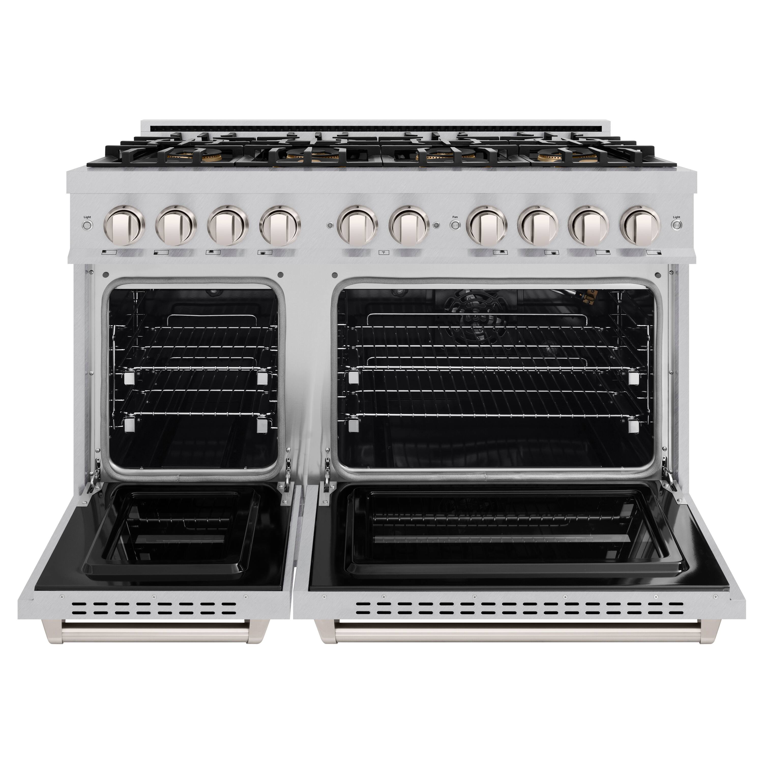 Angle. ZLINE - 48 in. 6.7 cu. ft. Classic Freestanding Gas Range with 8 Burner DuoPro Cooktop & Dual Ovens in Satin Stainless Steel - Satin Stainless Steel.
