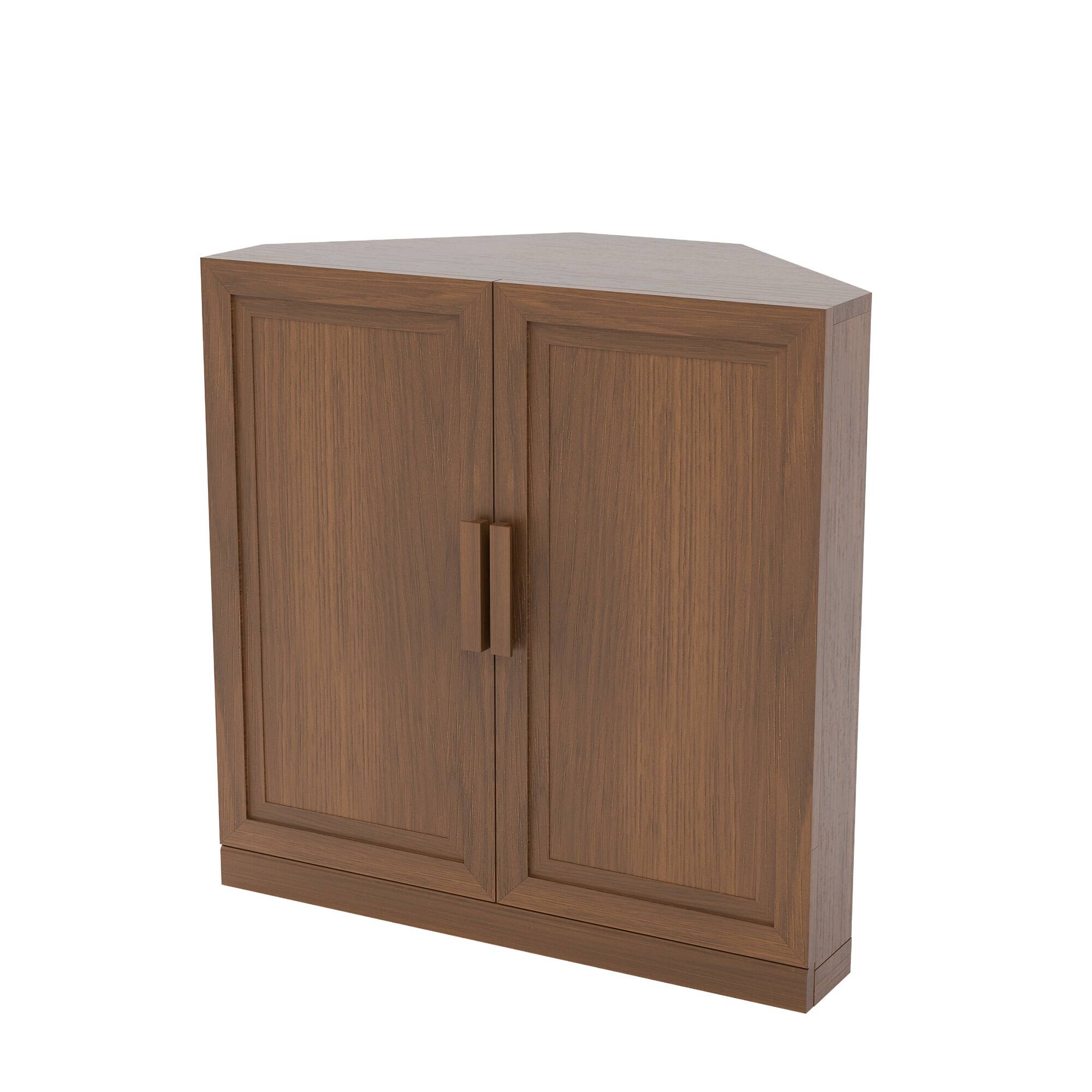 Left. PexFix - 31" Farmhouse Corner Accent Storage Cabinet with Solid Wood Doors and Adjustable Shelves for Space-Saving - Walnut.