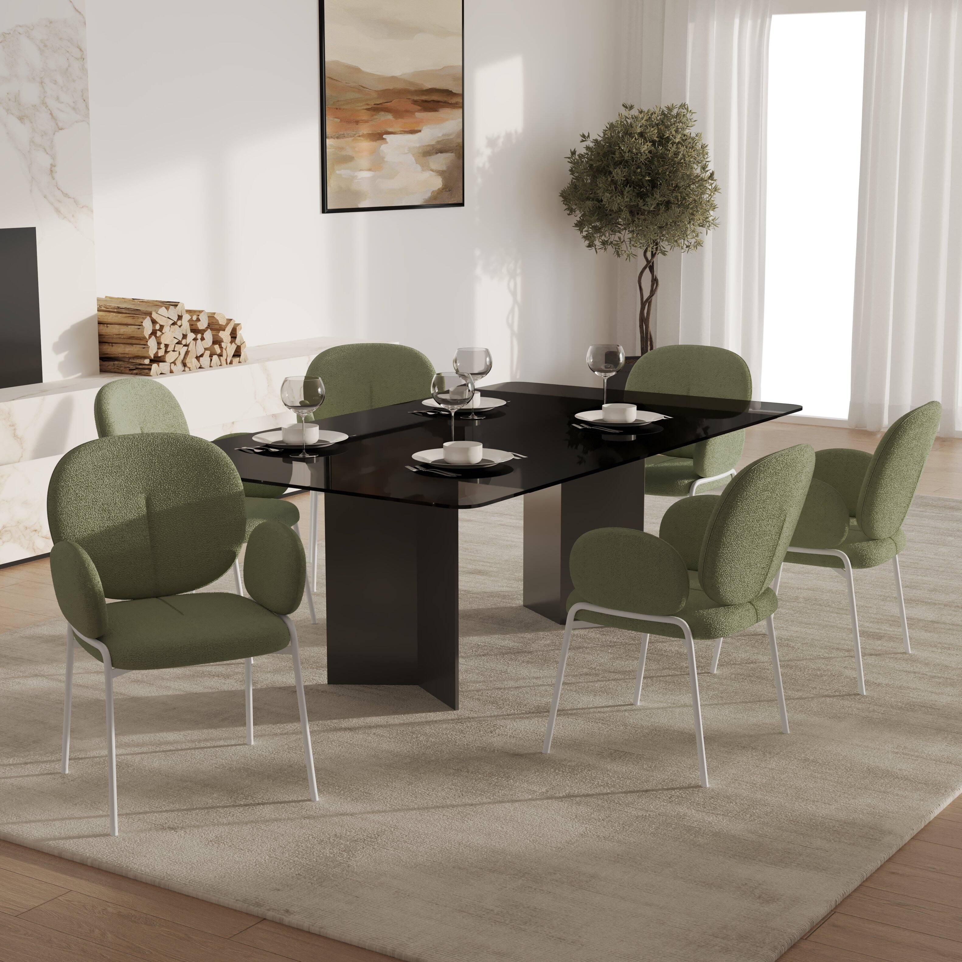 Left. LeisureMod - Celestial Modern Boucle Dining Chair with Arms, Textured Fabric Upholstered Armchair - White Metal Frame Kitchen Chair - Green.