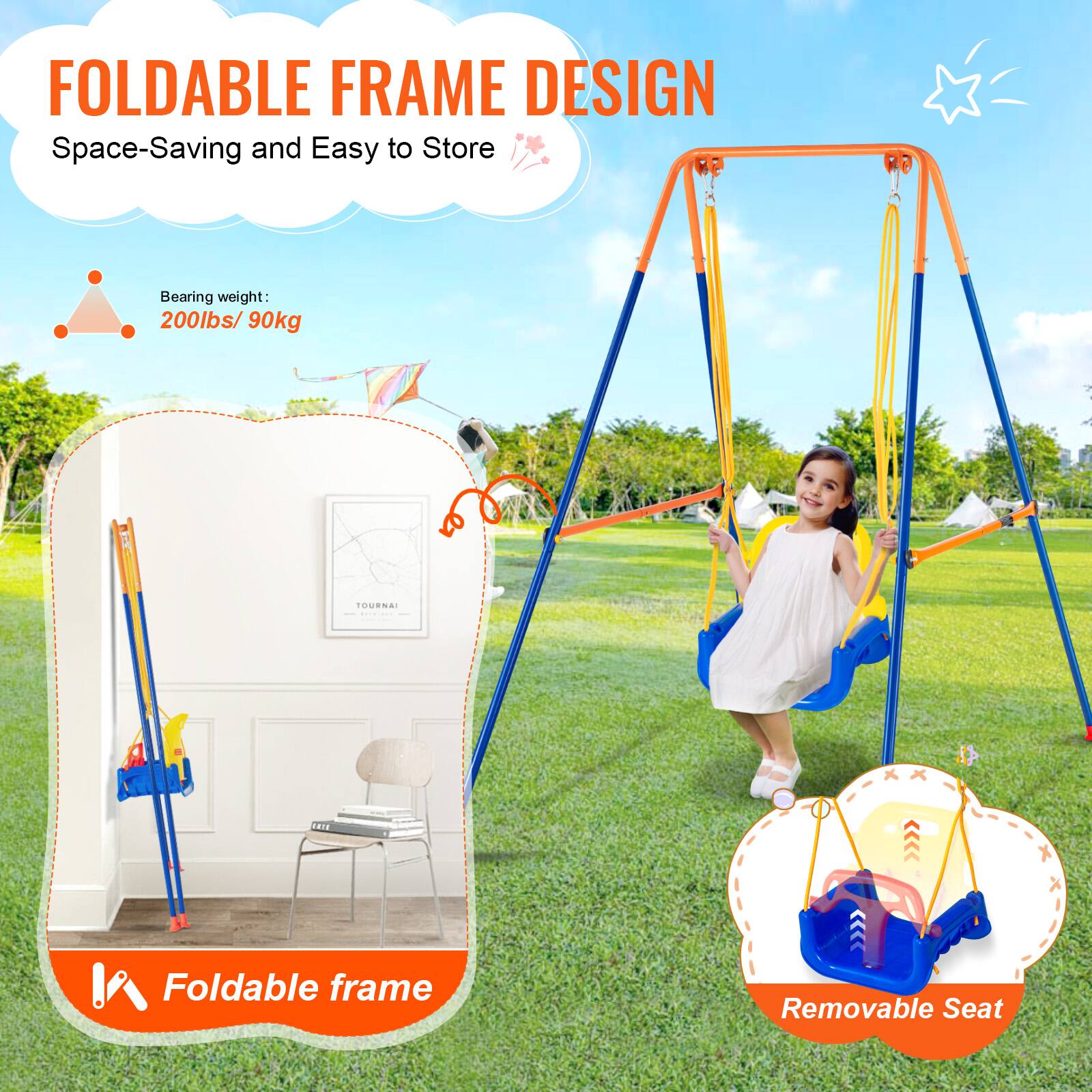 FOLDABLE FRAME DESIGN, Space-Saving and Easy to Store, Bearing weight: 200lbs/ 90kg, Foldable frame, Removable Seat