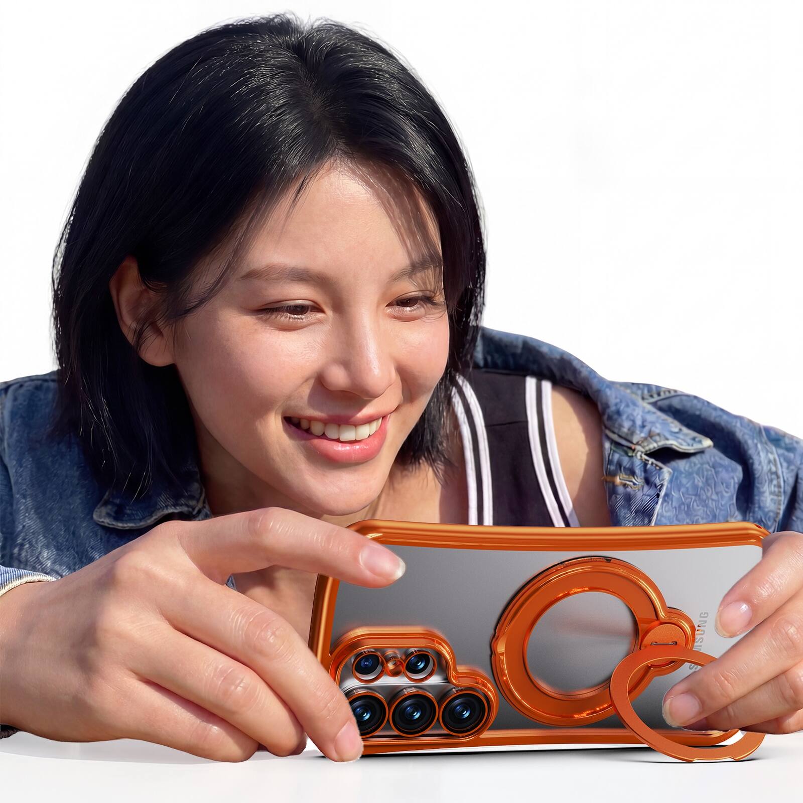 Angle. Dteck - Magnetic Case for Samsung Galaxy S26 Ultra with 360 Ring Stand and Strap, Shockproof TPU Cover Built-in Lens Protector - Orange.