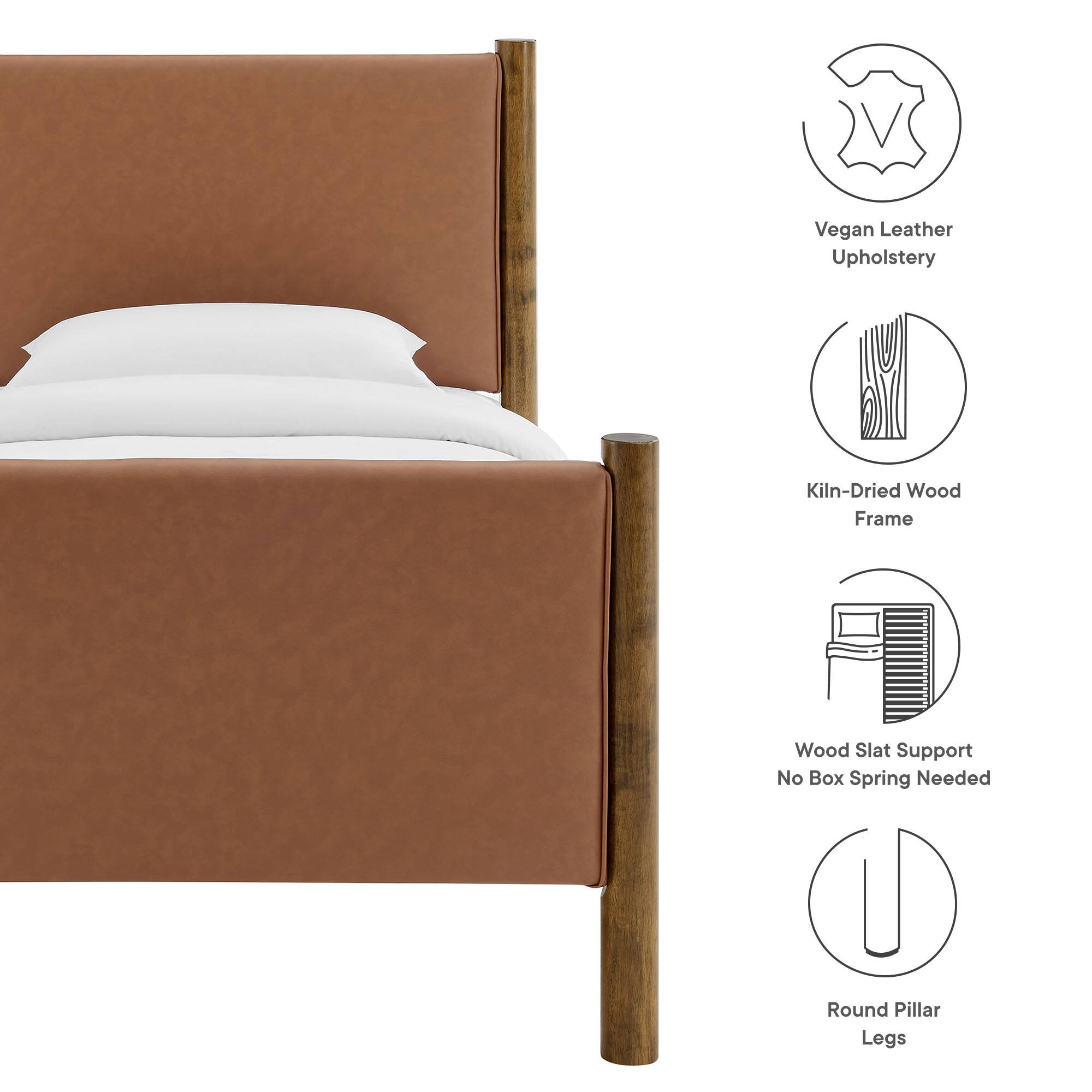 - Vegan Leather Upholstery
- Kiln-Dried Wood Frame
- Wood Slat Support
- No Box Spring Needed
- Round Pillar Legs