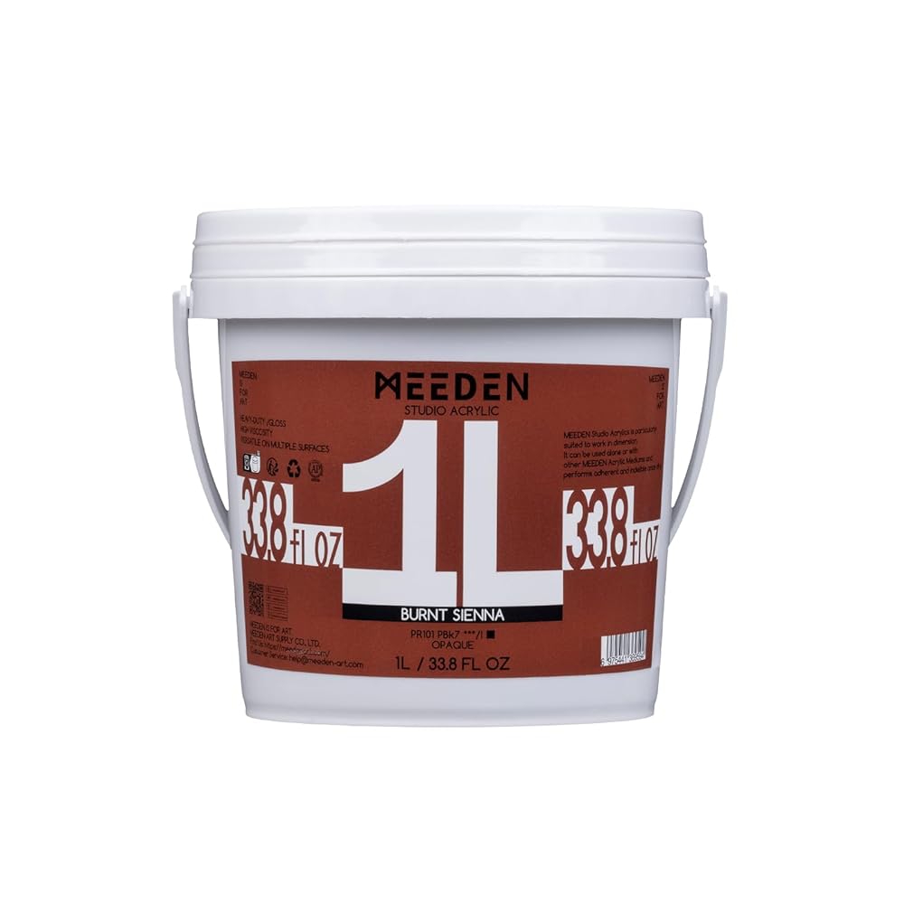MEEDEN STUDIO ACRYLIC EVIGUT GLOSS POCCISTY MEEDEN Applics TOIMATPLE balue to SURFACES sed a con MEEDEN performs ACCA fl OZ 1L 3386 HOT BURNT SIENNA PR101 P8k7 OPAQUE 1L / 33.8 FL OZ