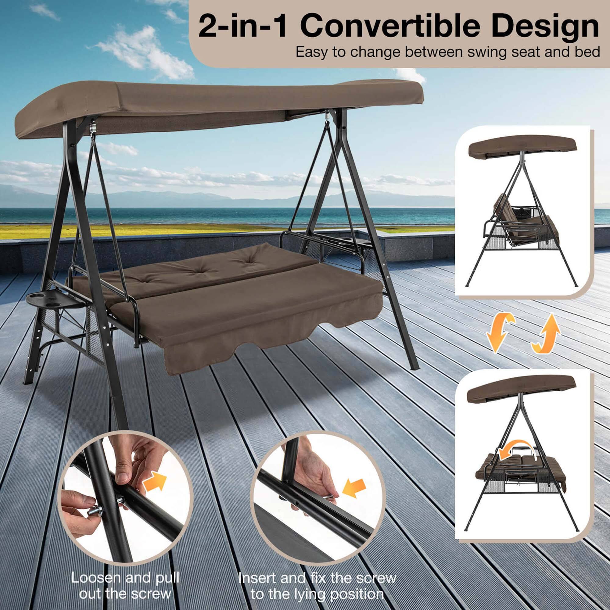 2-in-1 Convertible Design: Easy to change between swing seat and bed. Loosen and pull out the screw. Insert and fix the screw to the lying position.