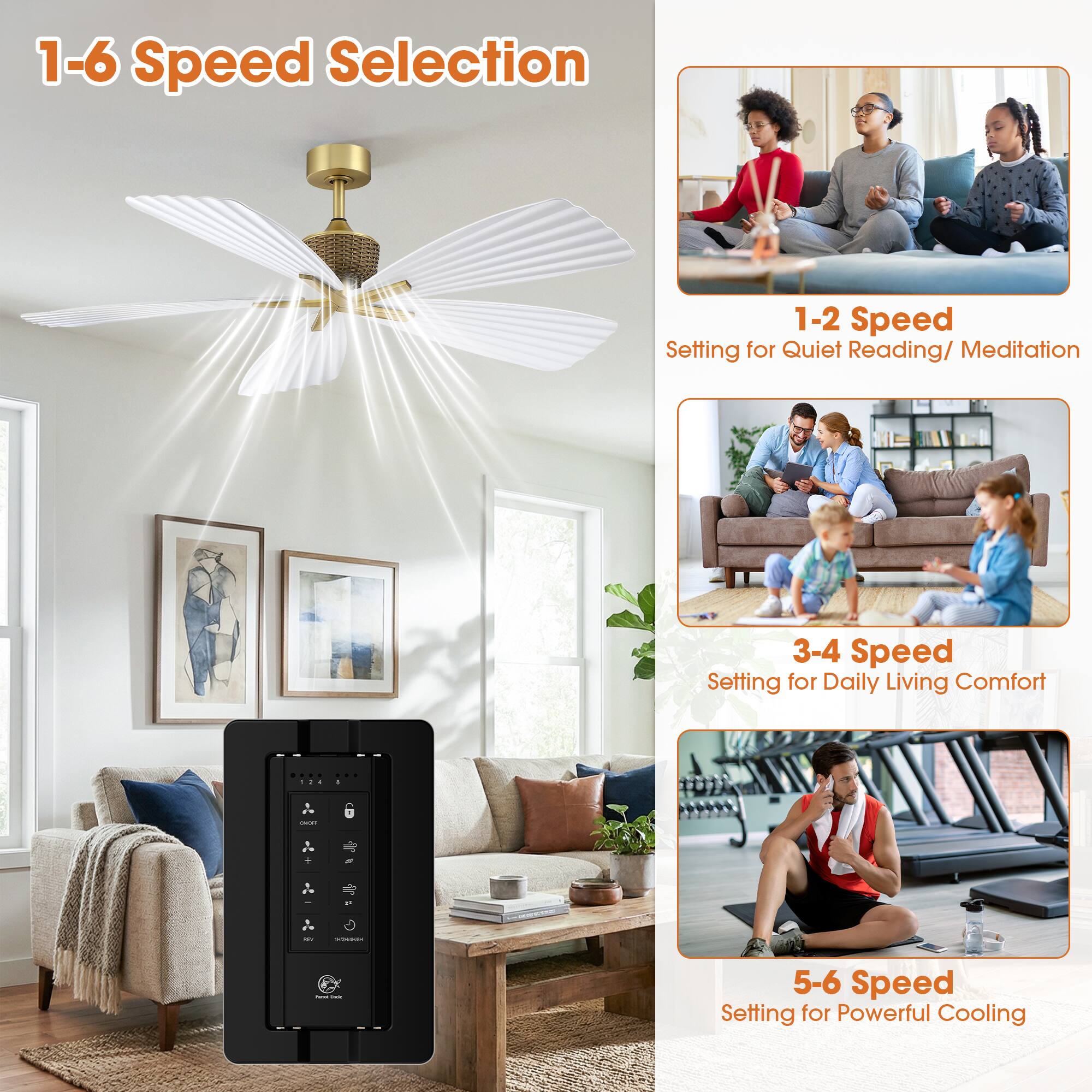 1-6 Speed Selection

1-2 Speed  
Setting for Quiet Reading/ Meditation

3-4 Speed  
Setting for Daily Living Comfort

5-6 Speed  
Setting for Powerful Cooling