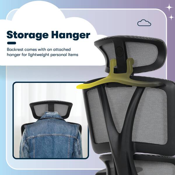Storage Hanger  
Backrest comes with an attached hanger for lightweight personal items