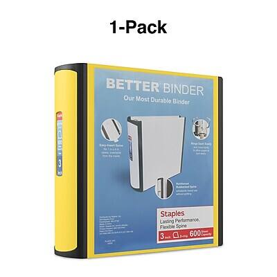 1-Pack  
BETTER BINDER  
Our Most Durable Binder  

Easy to use  
Just press the button to open the binder  

Great for School  
Perfect for organizing your notes and papers  

Staples  
Lasting Performance, Flexible Spine  
3 Staples  
600 Sheets