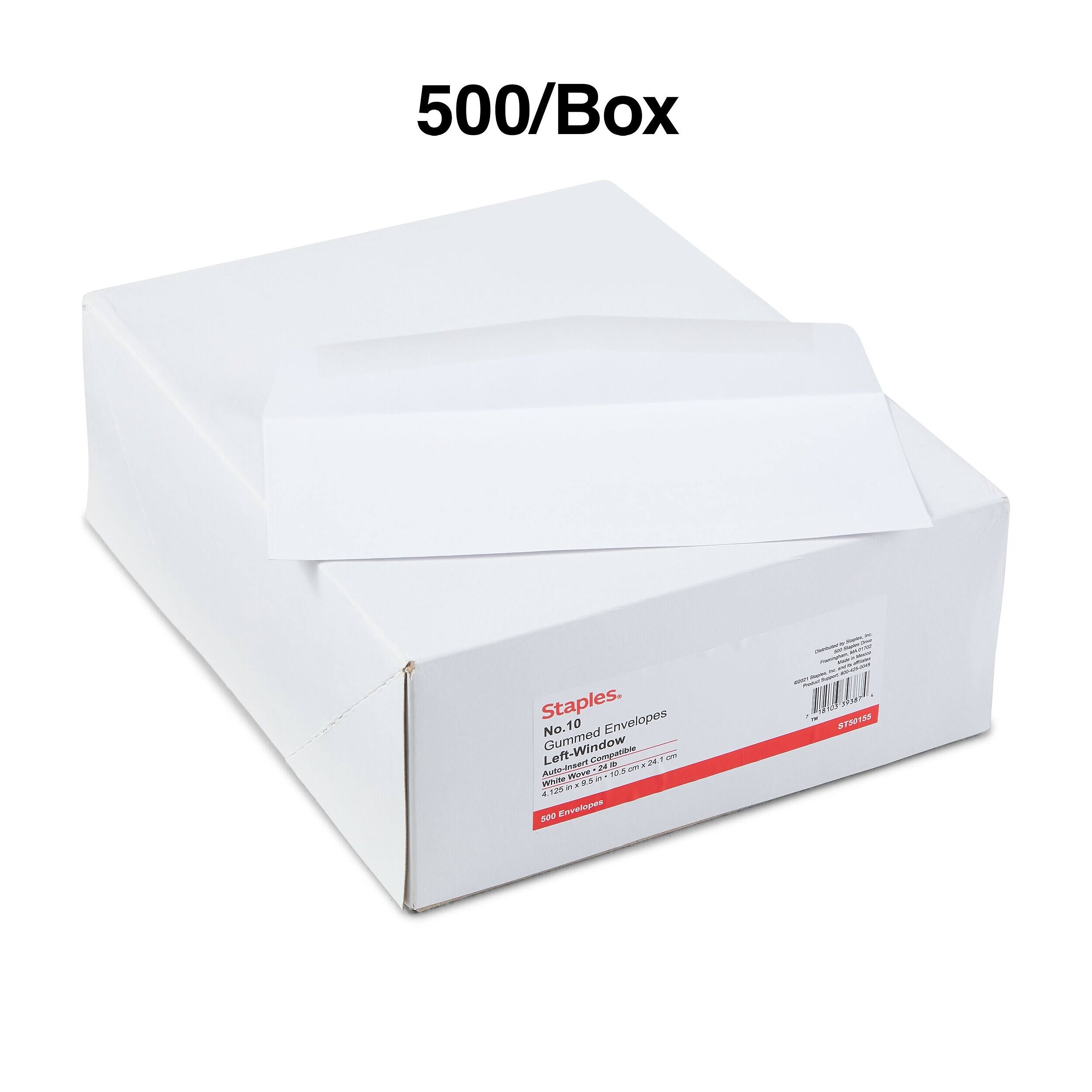 500/Box  
Staples No.10 Envelopes Left-Window Gummed Compatible 22 Auto-Insert 24 G. on y 24 Whink 7% 10.5 pervite nx95h Ti { 4.125 500 Envelopes  
N - XP. Supery.com - - THE NO - - - 18123 450 ST50155