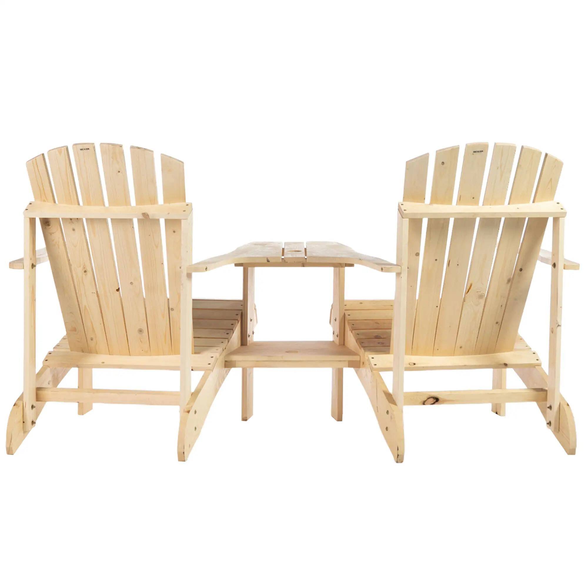 Back. Resenkos - Resenkos Fire Pit Seating, 2 Wooden Adirondack Chairs with Outdoor Table & Umbrella Hole, Natural Wood Color - Natural Wood Color.