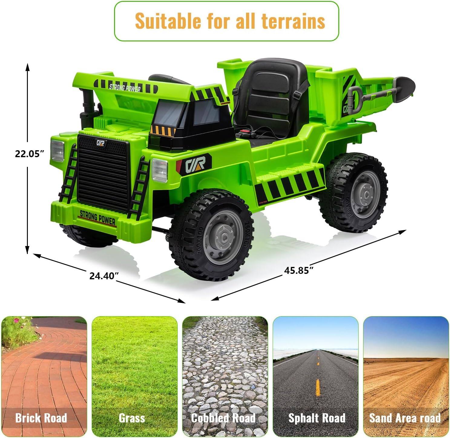 Suitable for all terrains

- 22.05"
- 24.40"
- 45.85"

- Brick Road
- Grass
- Cobbled Road
- Sphalt Road
- Sand Area road