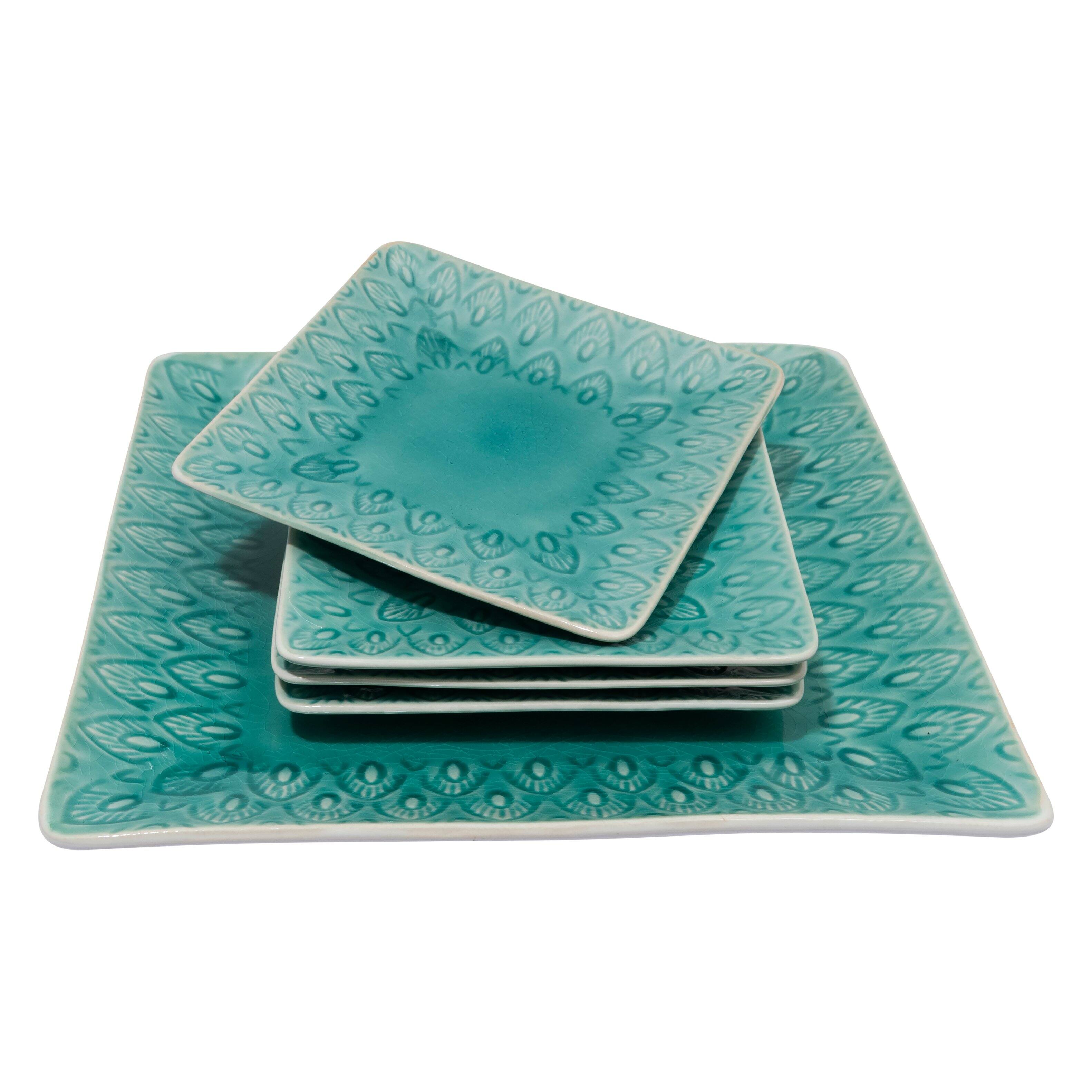 Angle. Euro Ceramica Home - Peacock 5-Piece Square Appetizer Plate Set -- Lagoon - Lagoon.