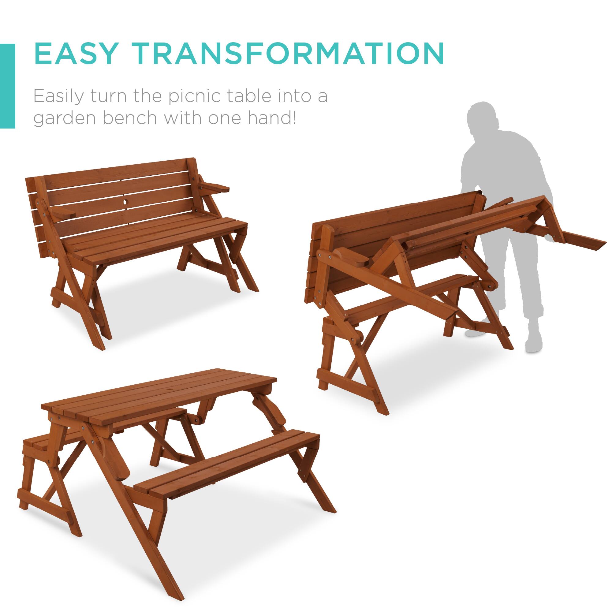 EASY TRANSFORMATION  
Easily turn the picnic table into a garden bench with one hand!