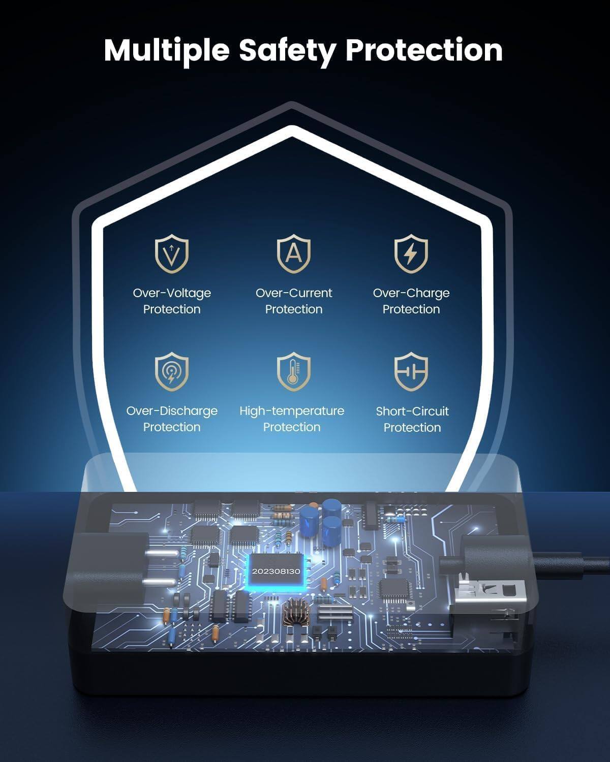 Multiple Safety Protection  
- Over-Voltage Protection  
- Over-Current Protection  
- Over-Charge Protection  
- Over-Discharge Protection  
- High-Temperature Protection  
- Short-Circuit Protection  

202308130