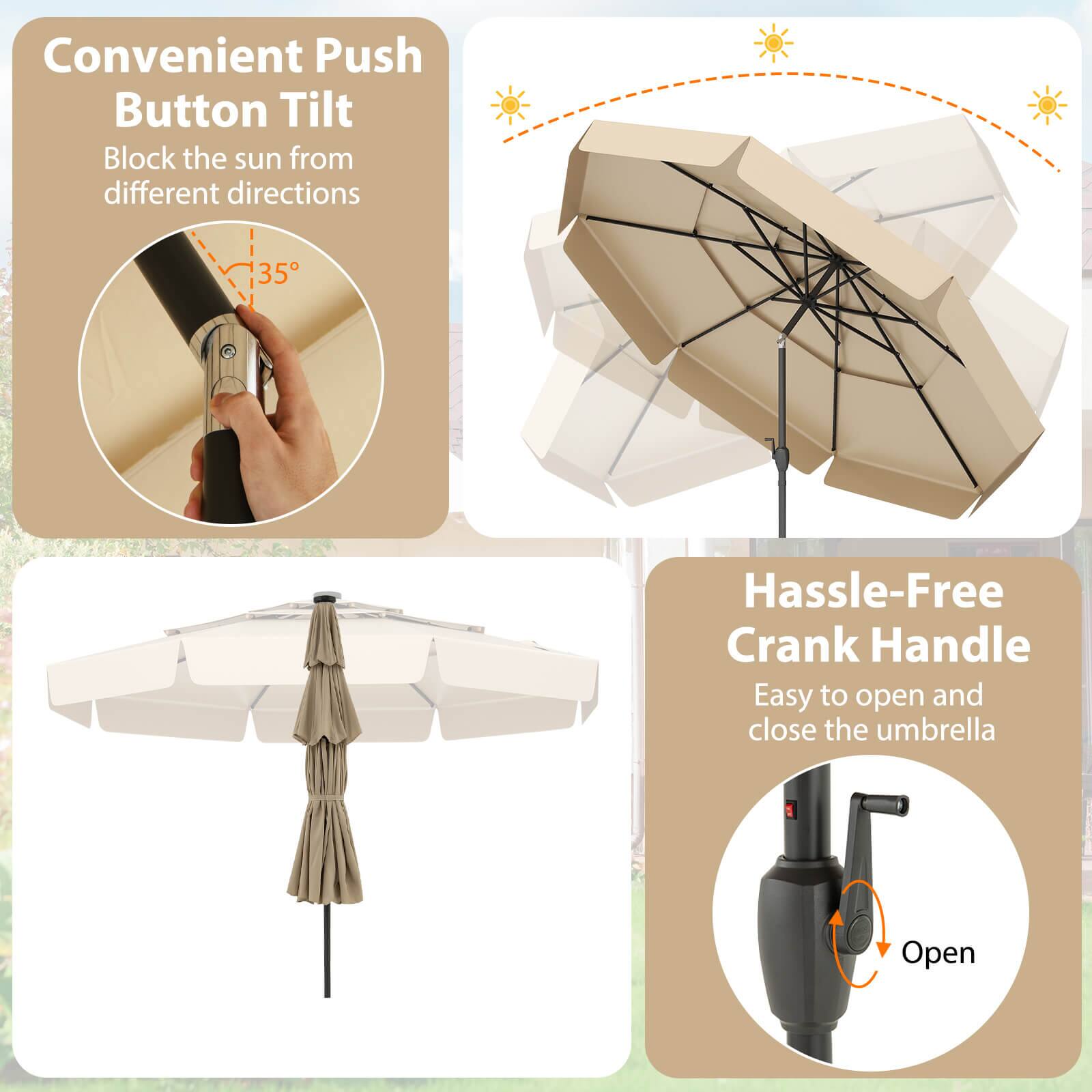 Convenient Push Button Tilt: Block the sun from different directions

Hassle-Free Crank Handle: Easy to open and close the umbrella