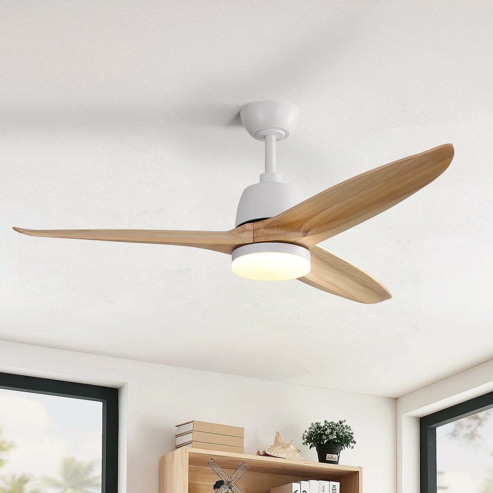 Sofucor - 56'' Ceiling Fan with Light & Remote & Dimmable LED Reversible DC Modern Farmhouse Large Ceiling Fan for Kitchen Bedroom - White- Burley Wood