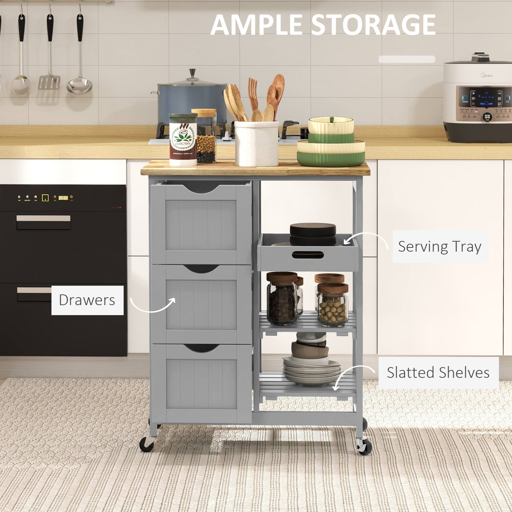 AMPLE STORAGE
Serving Tray
Drawers
Slatted Shelves