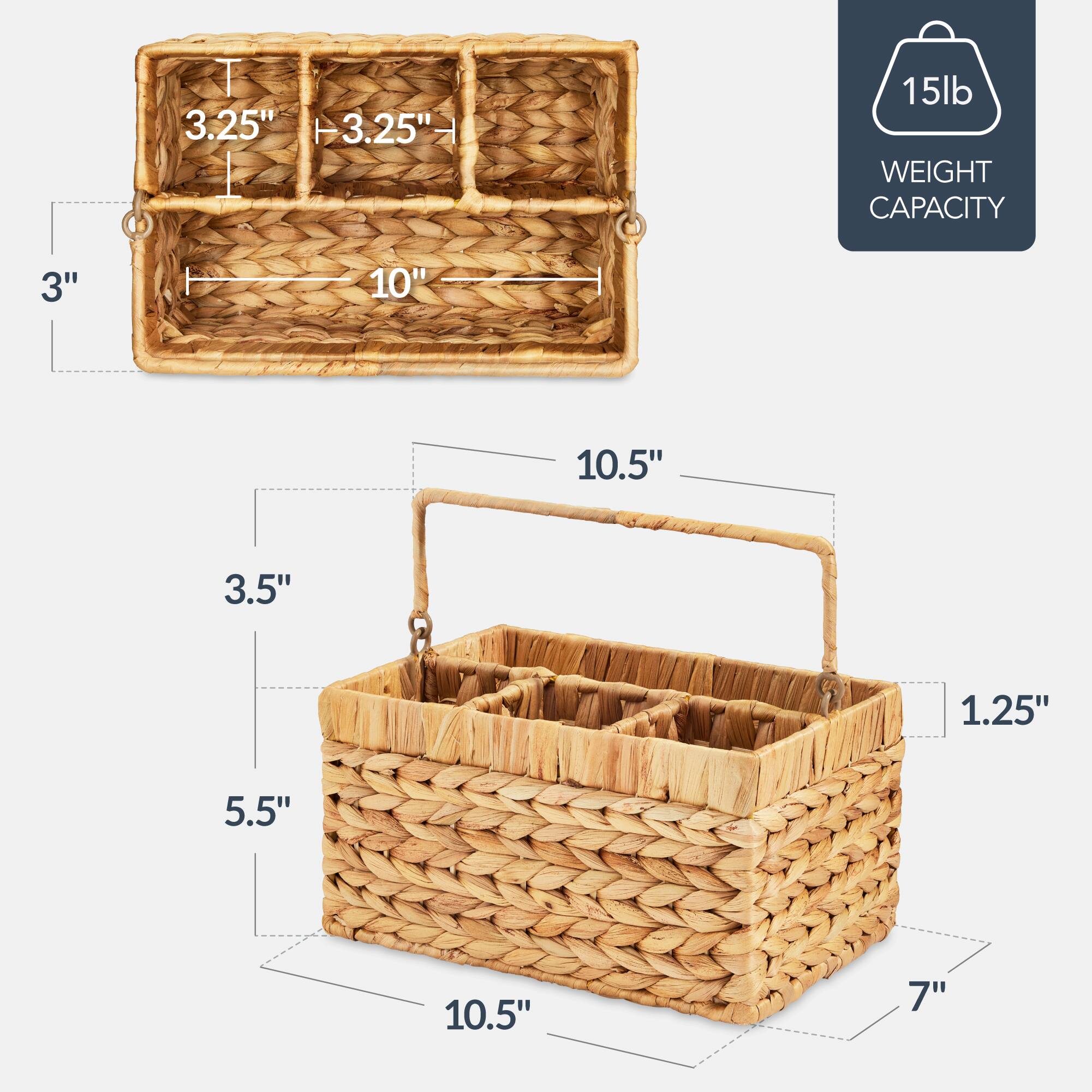 3.25" x 3.25"  
15lb WEIGHT CAPACITY  
3" x 10" x 10.5"  
3.5" x 1.25" x 5.5" x 10.5" x 7"