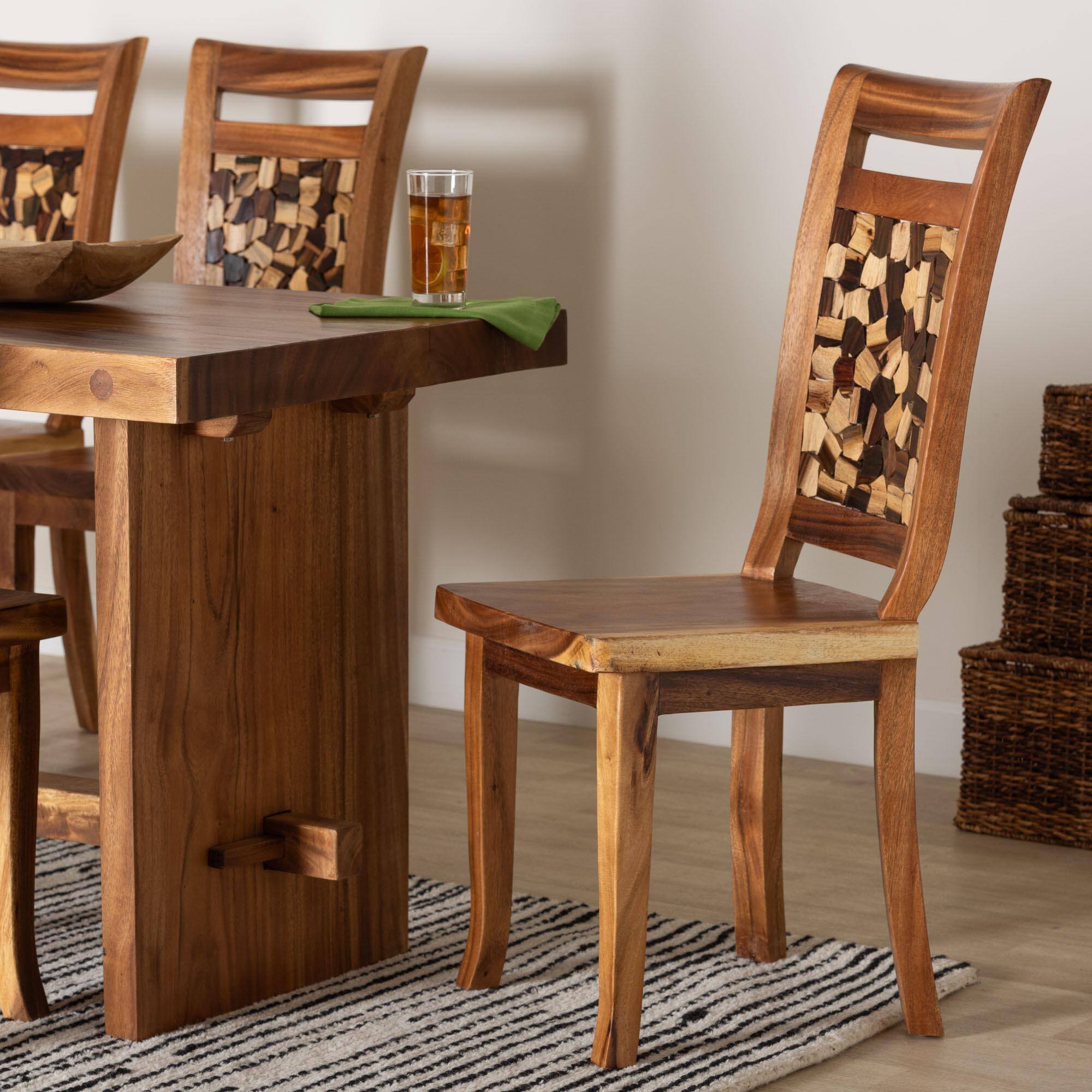 Alt View 4. bali & pari - Luan Suar Wood Dining Chair - Handcrafted Solid Wood Seat with Mosaic Backrest Inlay, Accent Chair - Natural Brown.