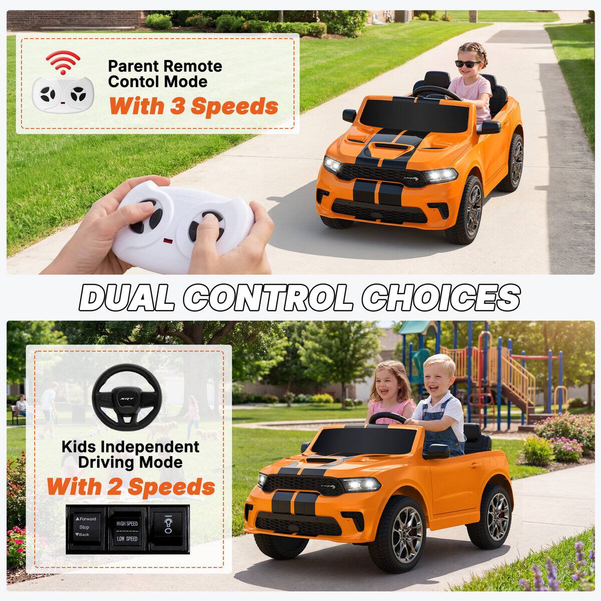 Parent Remote Control Mode With 3 Speeds

DUAL CONTROL CHOICES

Kids Independent Driving Mode With 2 Speeds

A Forward Stop
SPEED
Vitack
LOW SPEED