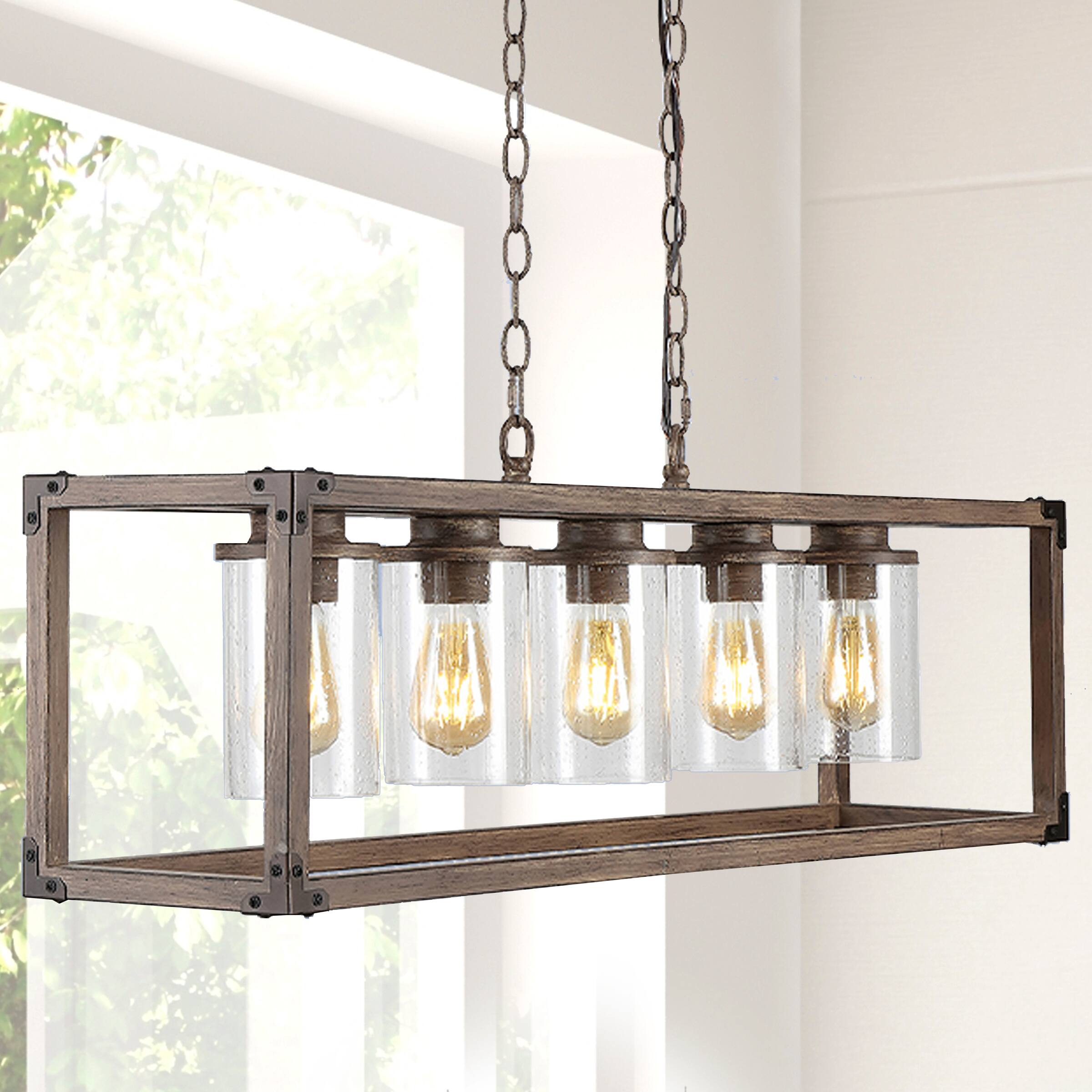 Alt View 1. Jonathan Y - Zeniba 36" 5-Light Linear Adjustable Iron/Seeded Glass Rustic Farmhouse LED Pendant, Brown - Brown.