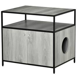Pawhut - Wooden Cat Litter Box Enclosure, Hidden Kitten Washroom, Indoor End Table with Magnetic Doors & Storage Shelves - Gray