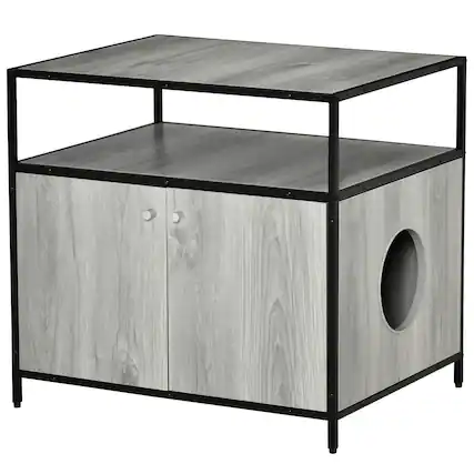 Front. Pawhut - Wooden Cat Litter Box Enclosure, Hidden Kitten Washroom, Indoor End Table with Magnetic Doors & Storage Shelves - Grey.