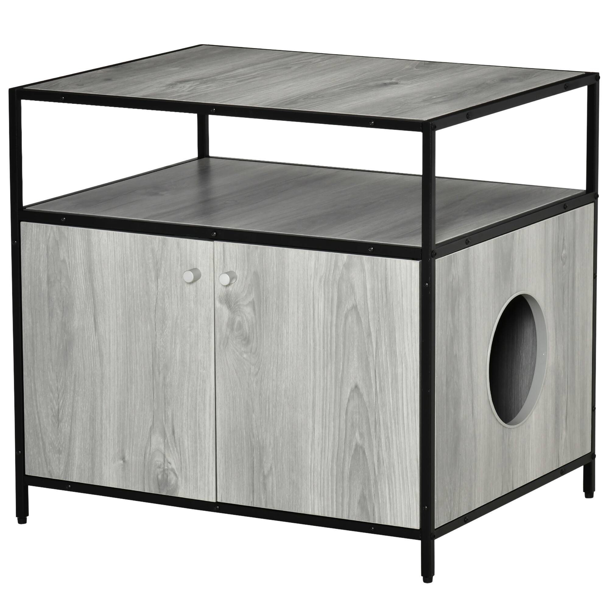Front. Pawhut - Wooden Cat Litter Box Enclosure, Hidden Kitten Washroom, Indoor End Table with Magnetic Doors & Storage Shelves - Grey.