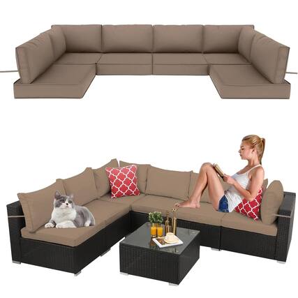 Front. Chateau Abodes - 14-Piece Outdoor Sectional Cushion Set, Waterproof Replacement Cushions with Liner & Cover - Khaki.