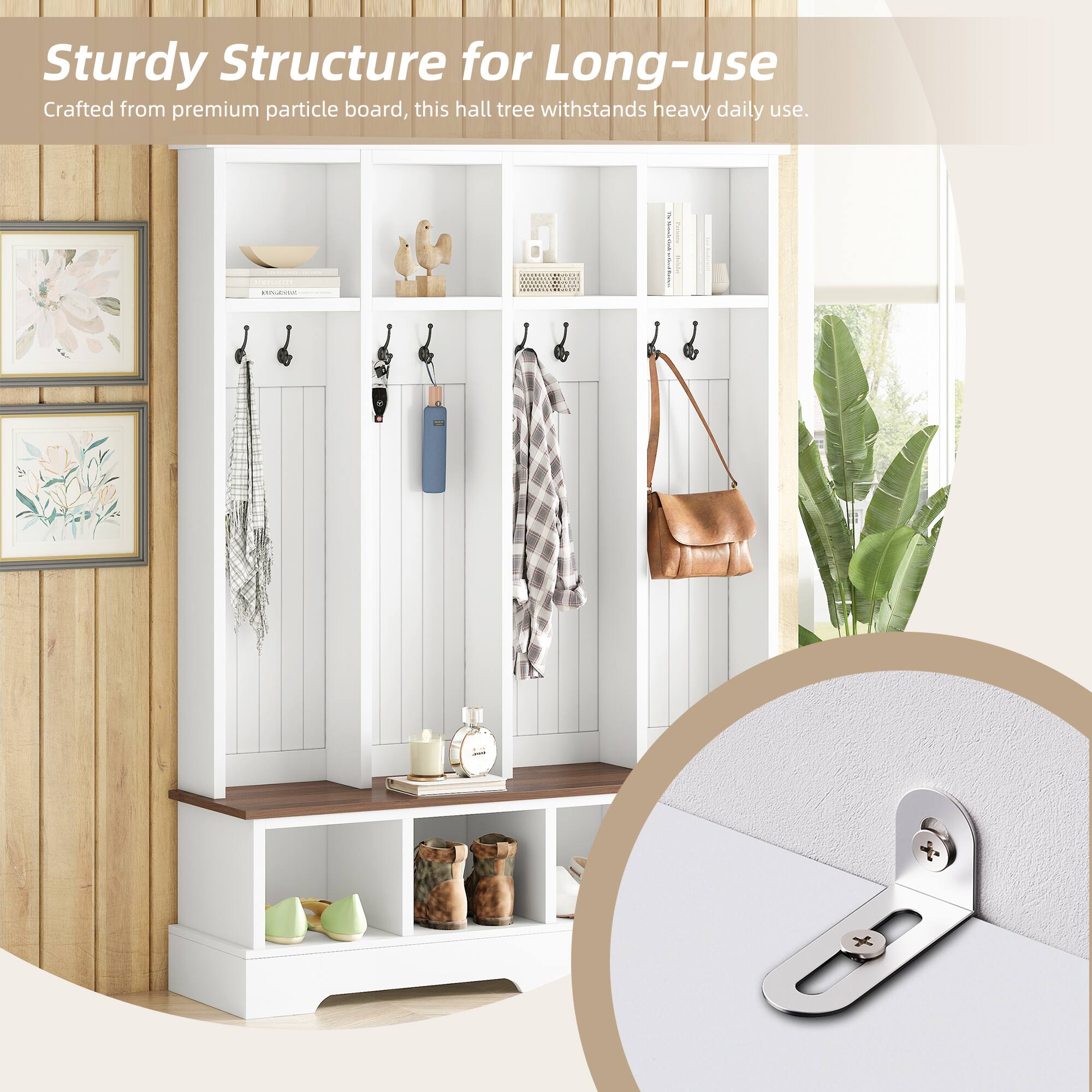 Sturdy Structure for Long-use  
Crafted from premium particle board, this hall tree withstands heavy daily use.