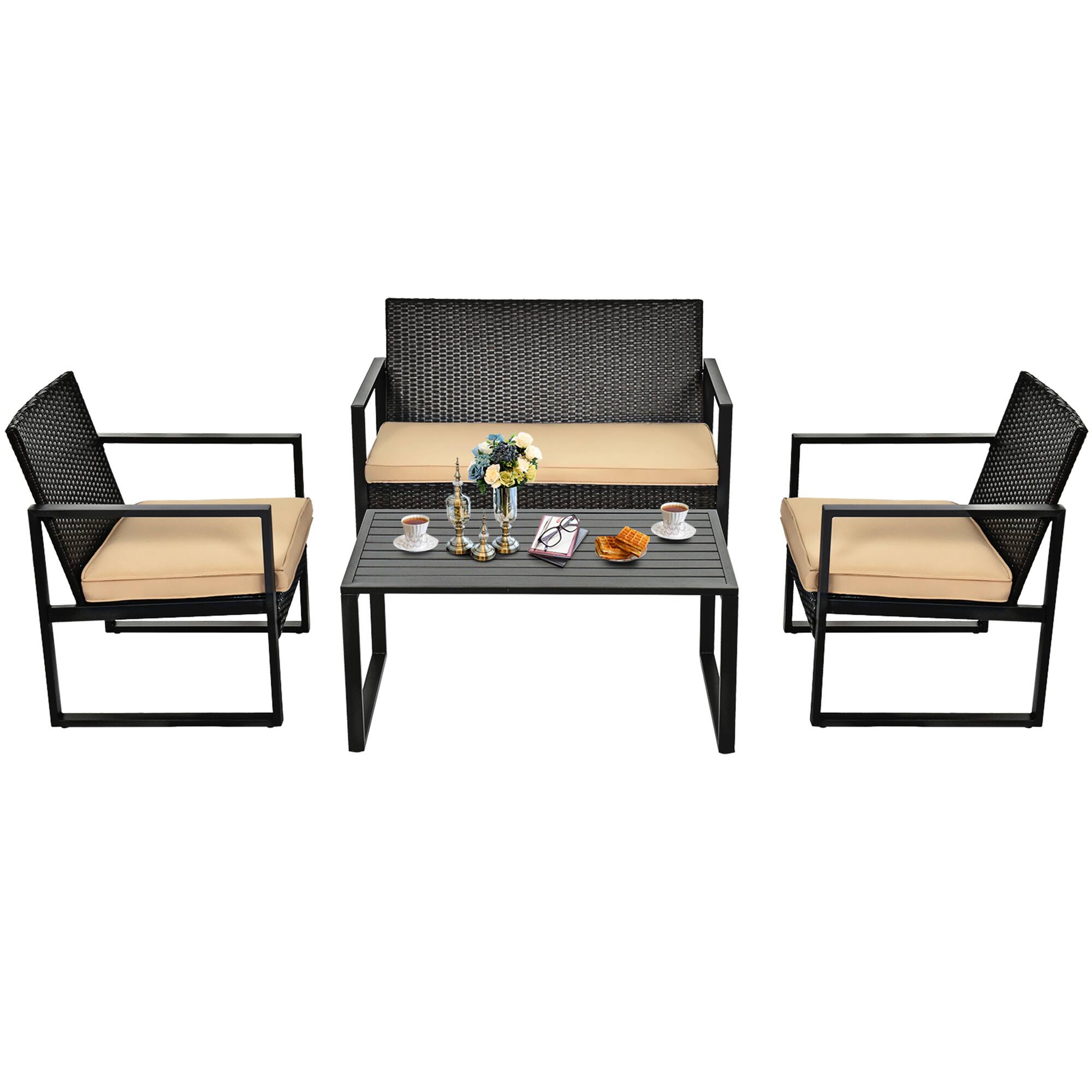 Alt View 4. Gymax - Gymax 4PCS Outdoor Wicker Rattan Furniture Set Patio Conversation Set w/ Cushions - Beige.