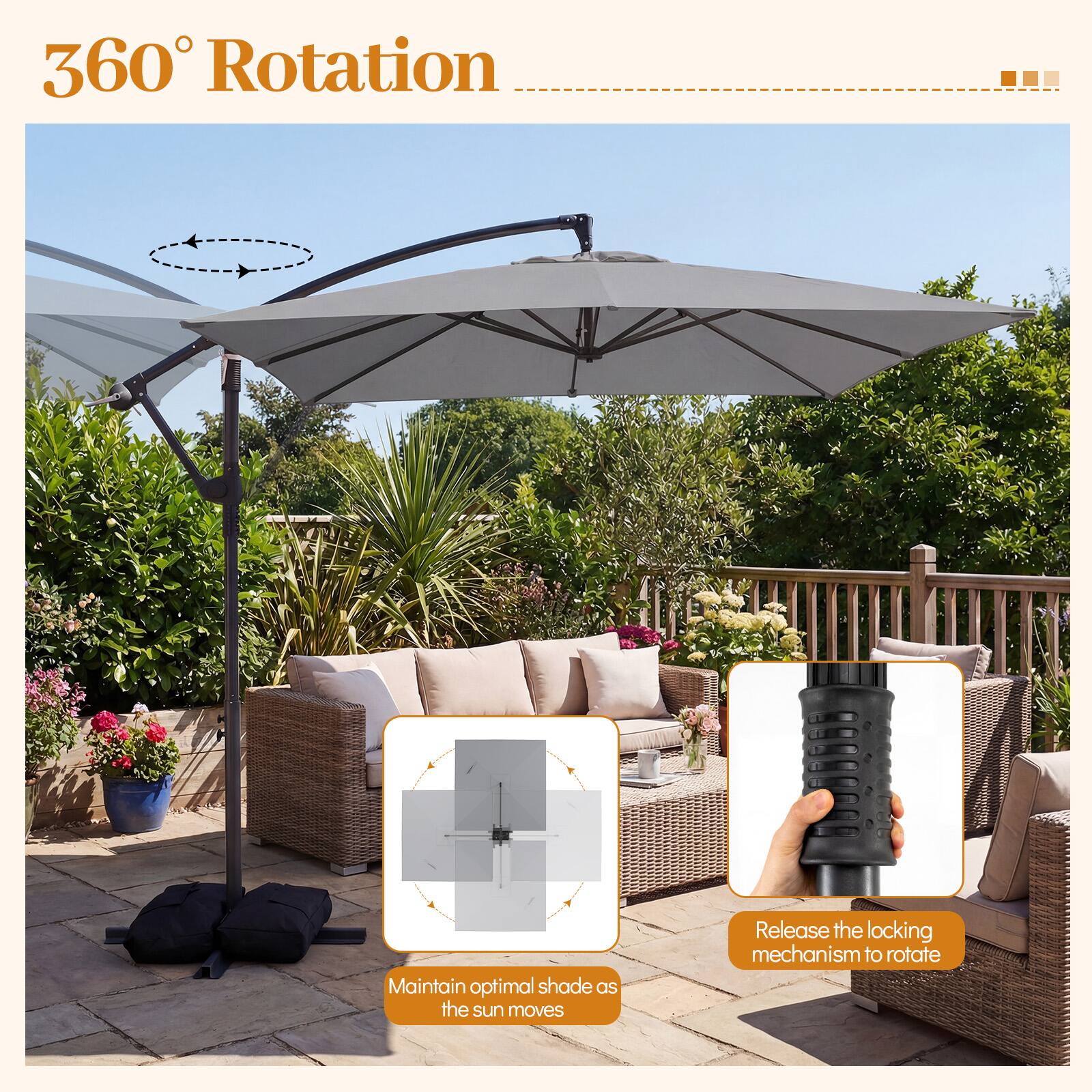 360° Rotation

Maintain optimal shade as the sun moves

Release the locking mechanism to rotate