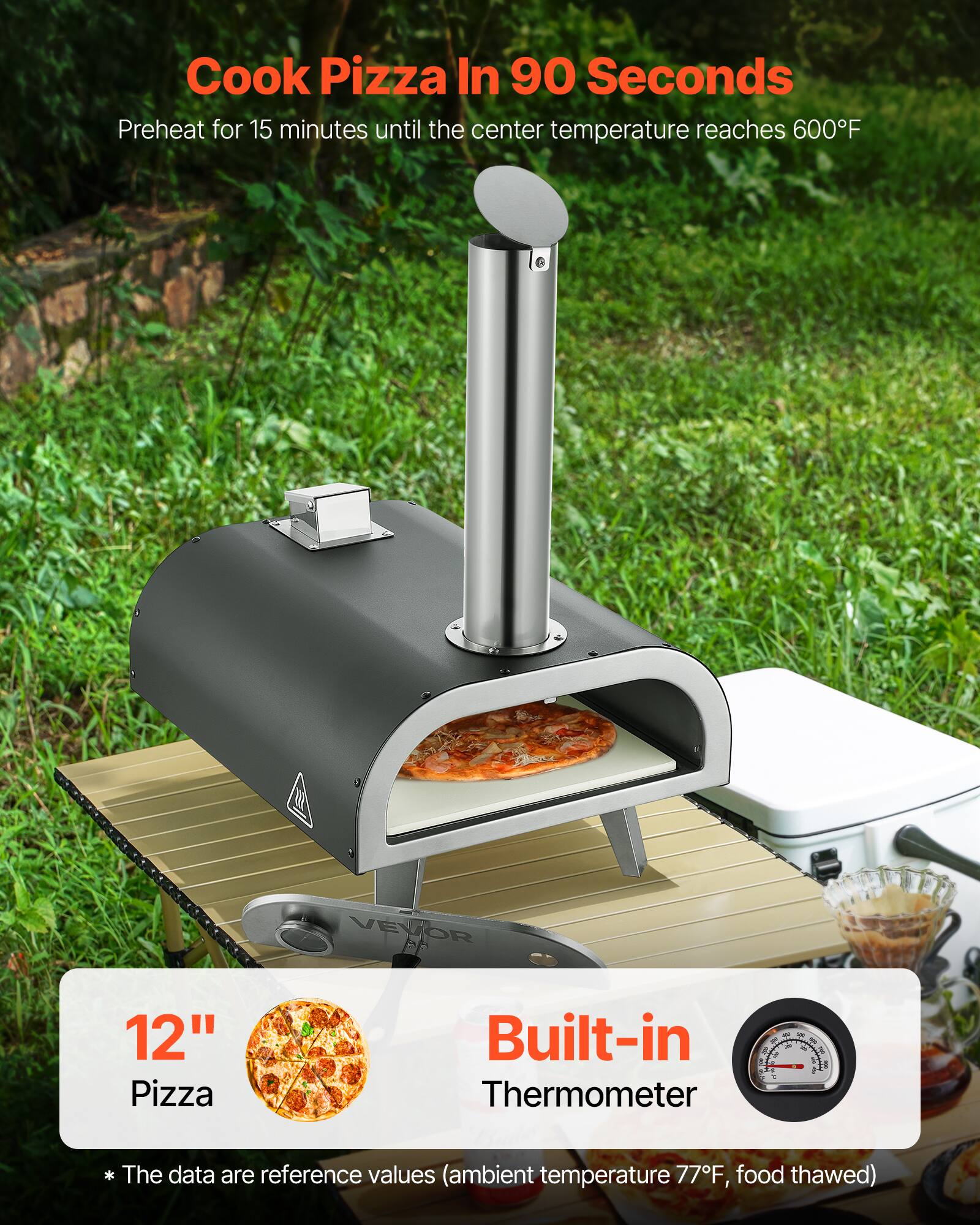 Cook Pizza In 90 Seconds  
Preheat for 15 minutes until the center temperature reaches 600°F  

12" Pizza  
Built-in Thermometer  

* The data are reference values (ambient temperature 77°F, food thawed)