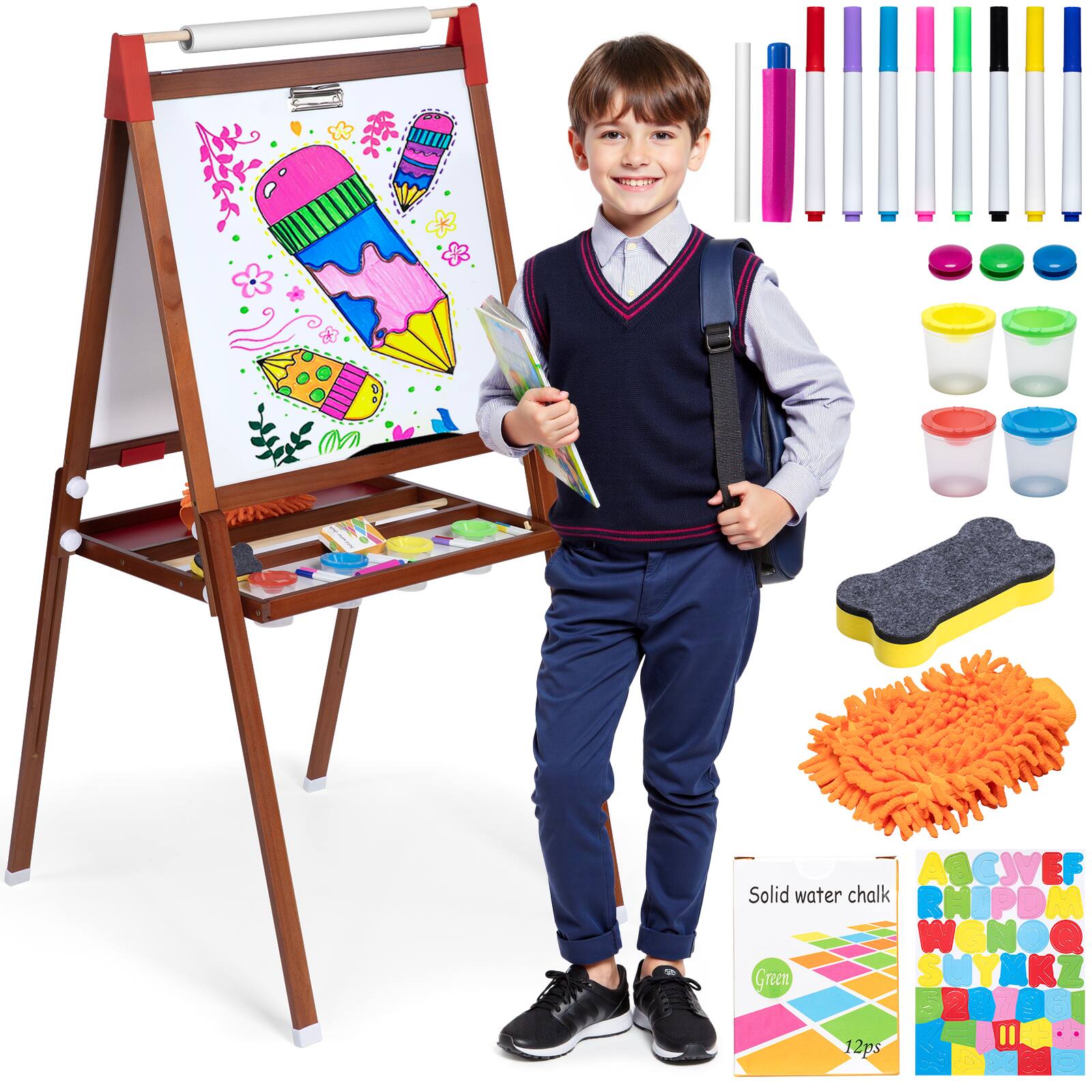 Sugift - 3-in-1 Wooden Adjustable Kids Easel with Magnetic Board, Paper Roll & Art Supplies - Brown