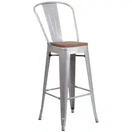 Flash Furniture - Lily 30" High Silver Metal Barstool with Back and Wood Seat - Gray