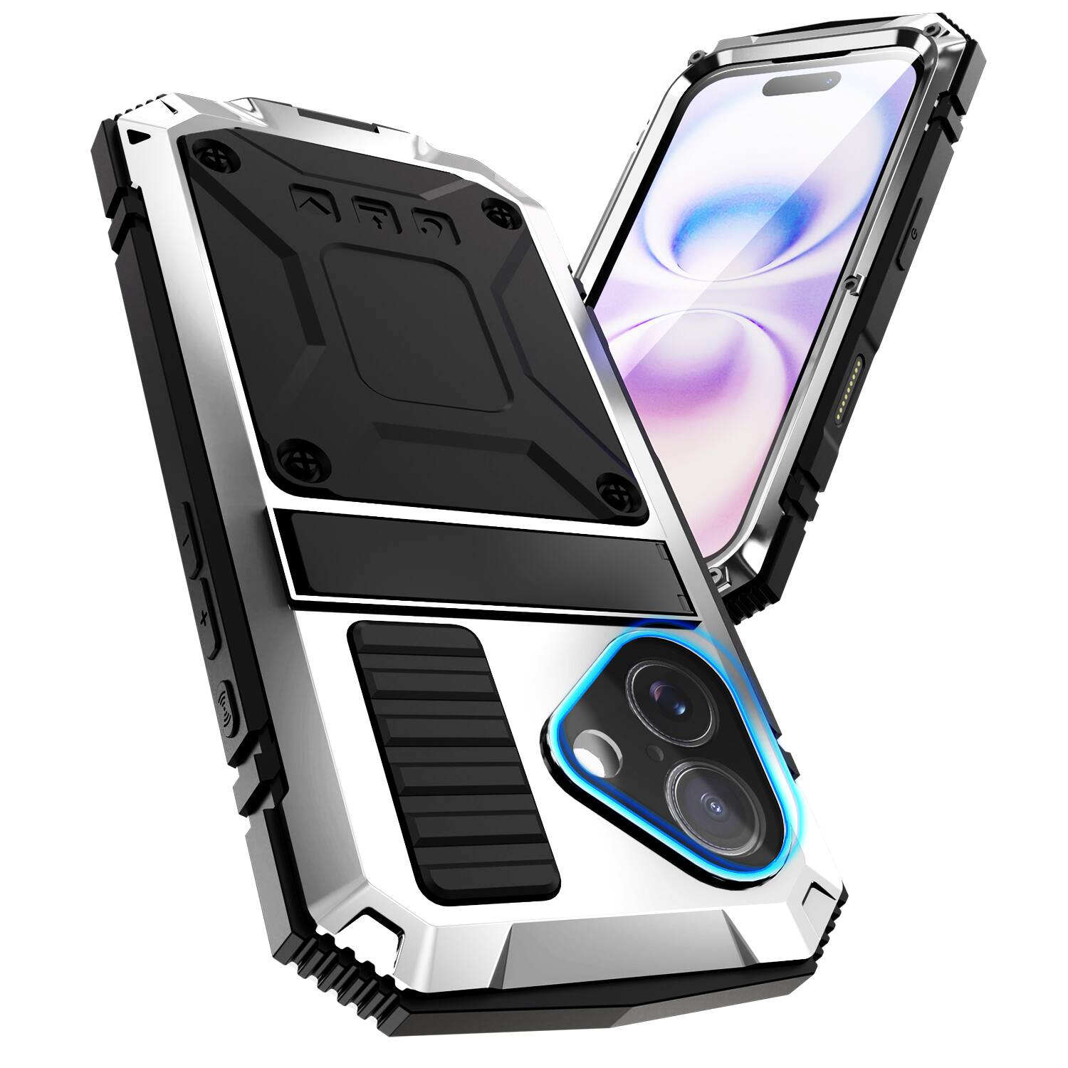 Angle. Dteck - For Apple iPhone 17 Case Outdoor Sports Kickstand Rugged Heavy Duty Full Body Cover with Built in Screen Protector - Silver.