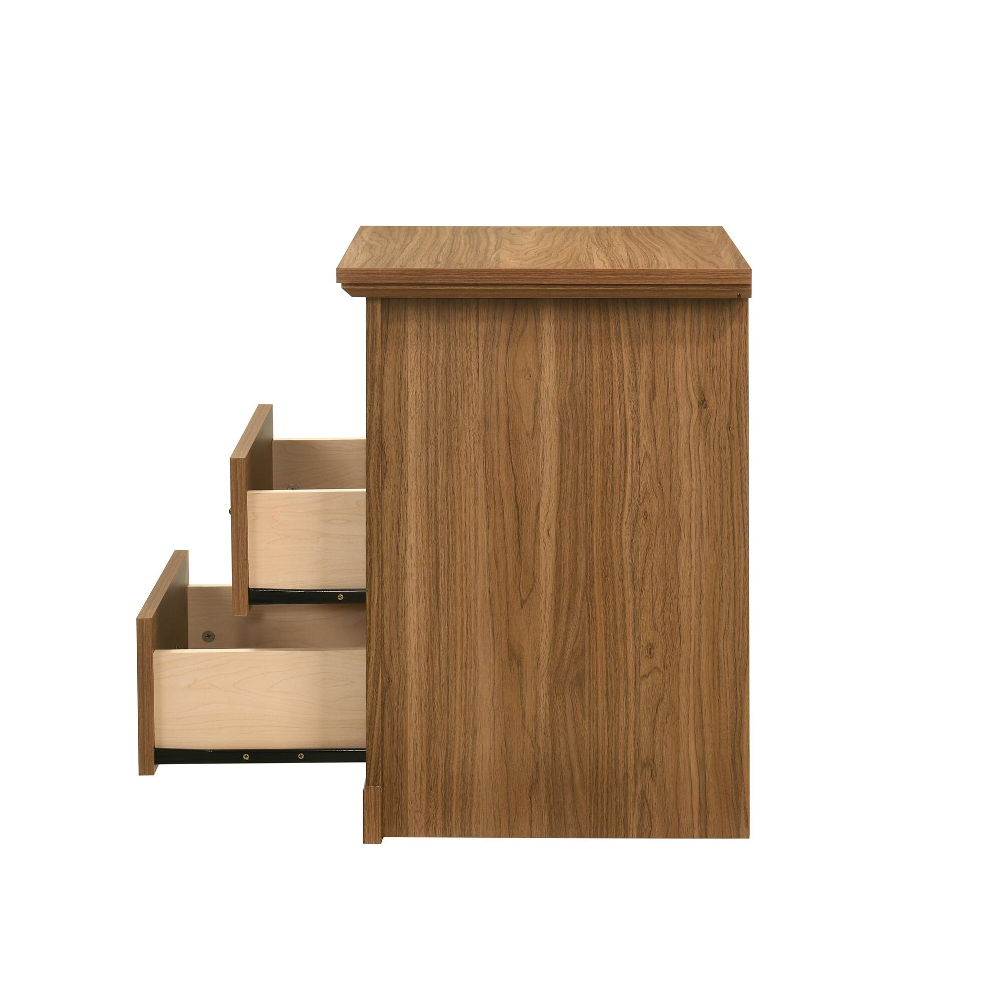 Alt View 6. Vaczon - Rustic Walnut Nightstand Bedside Table with Open Shelf and 2 Drawers - Walnut.