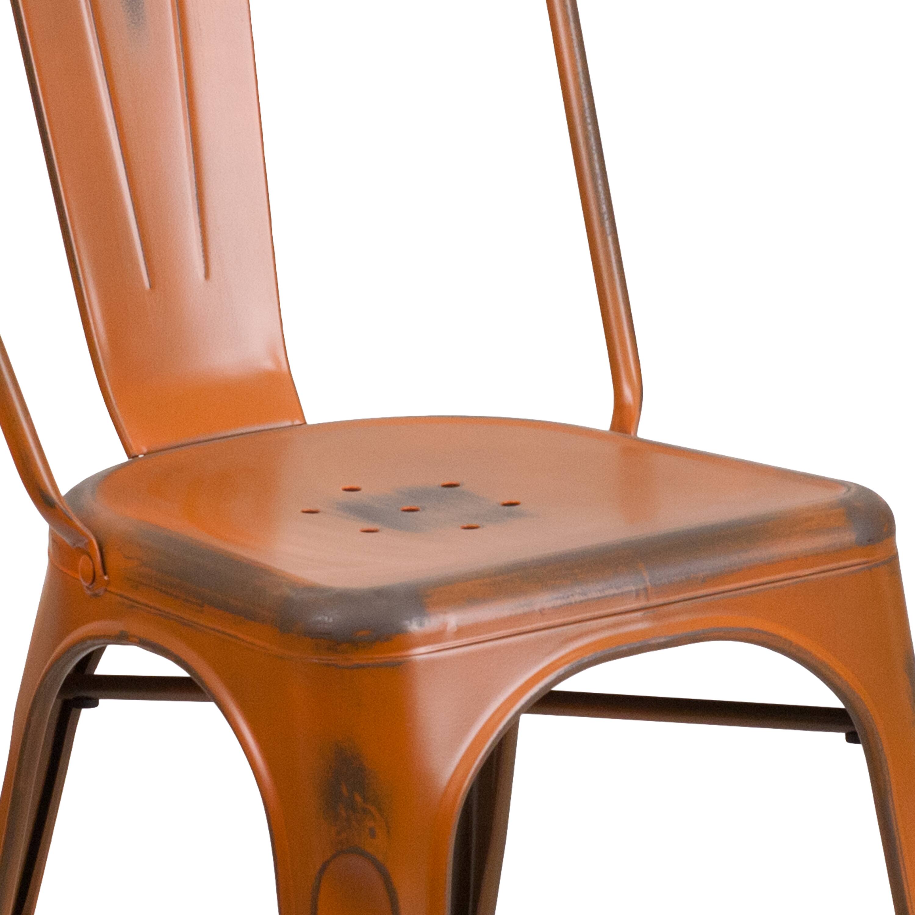 Alt View 9. Emma + Oliver - Commercial Grade 4 Pack Distressed Metal Indoor-Outdoor Stackable Chair - Orange.
