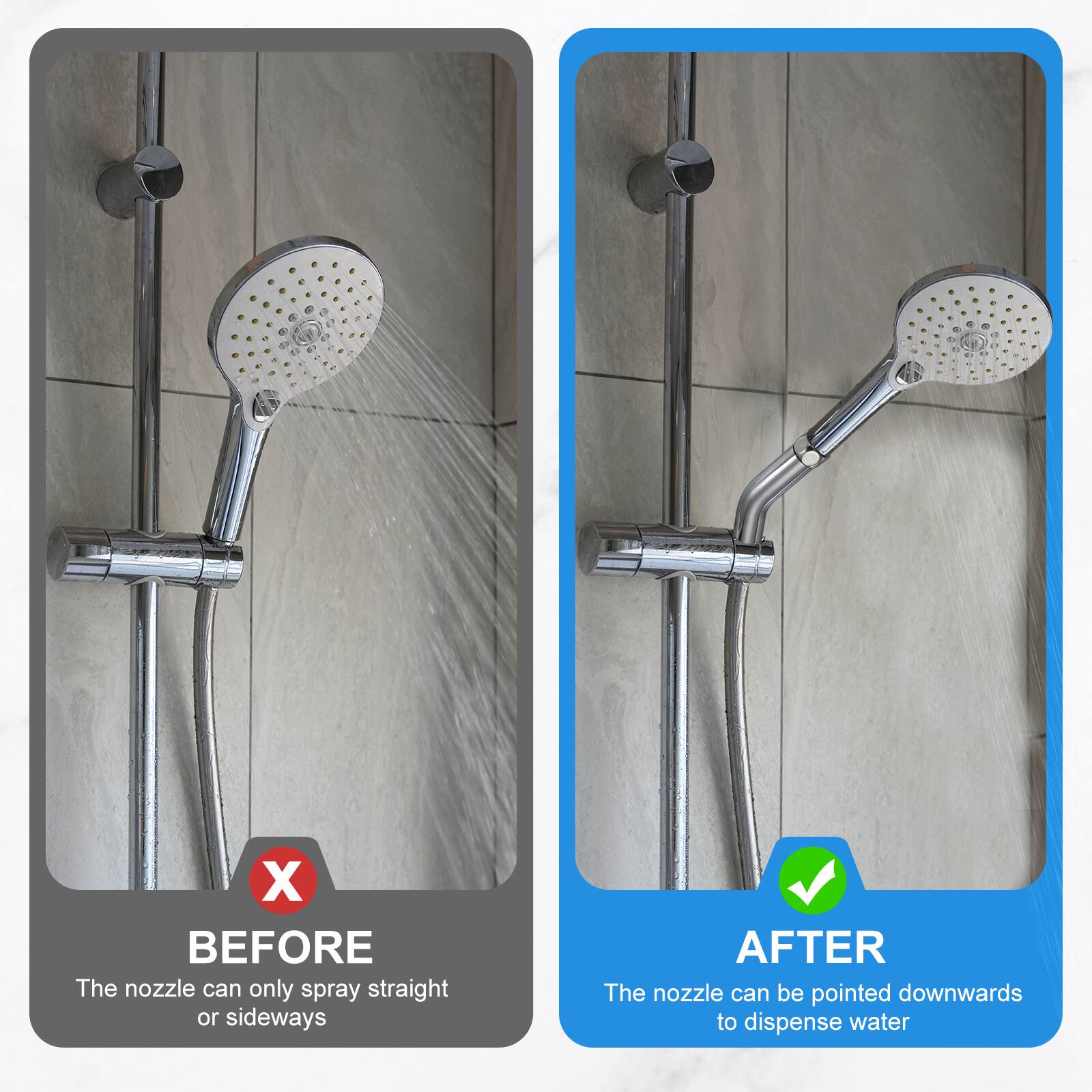 BEFORE: The nozzle can only spray straight or sideways  
AFTER: The nozzle can be pointed downwards to dispense water