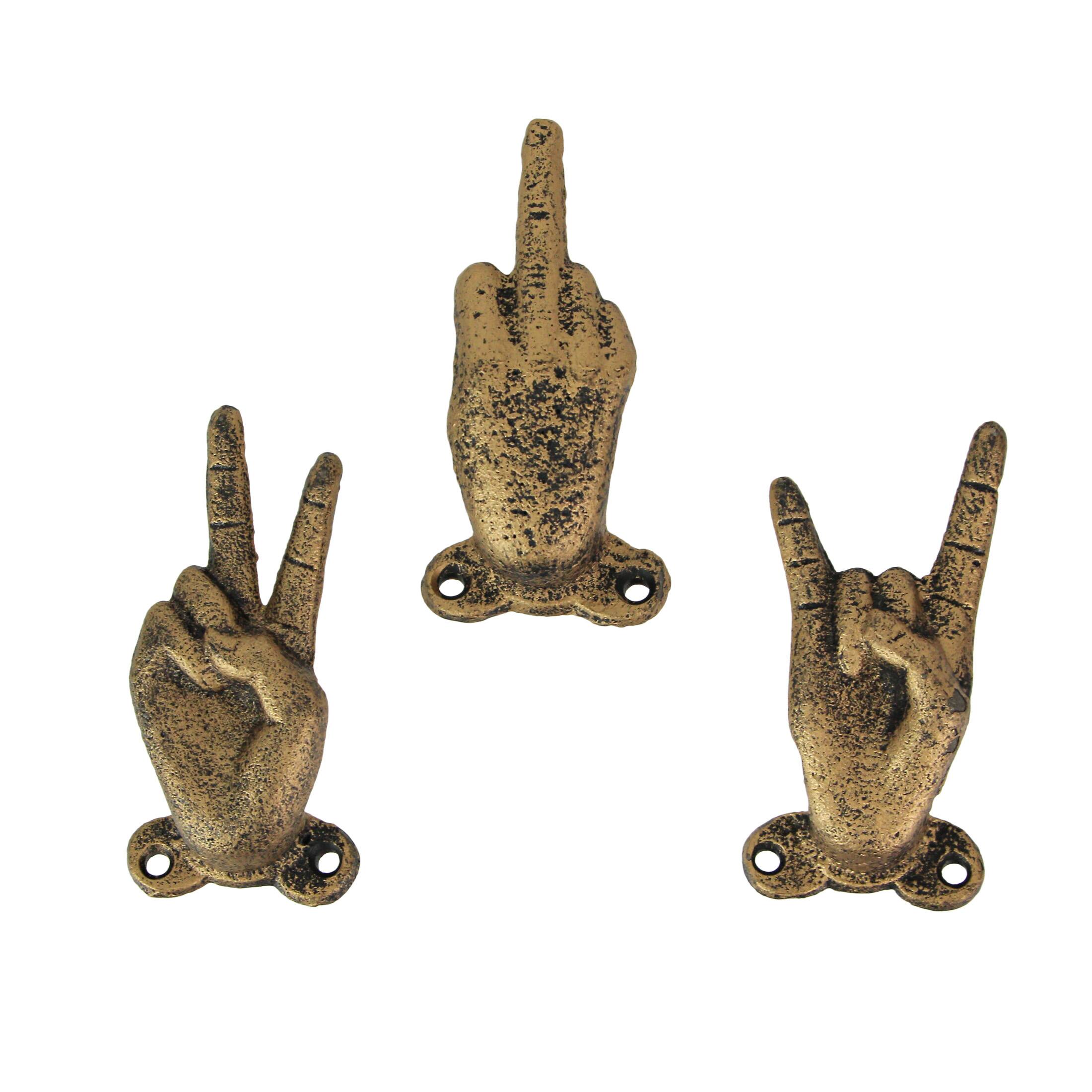 Alt View 1. Zeckos - Set of 3 Gold Cast Iron Hand Gesture Decorative Wall Hooks Key Towel Hanger - Gold.