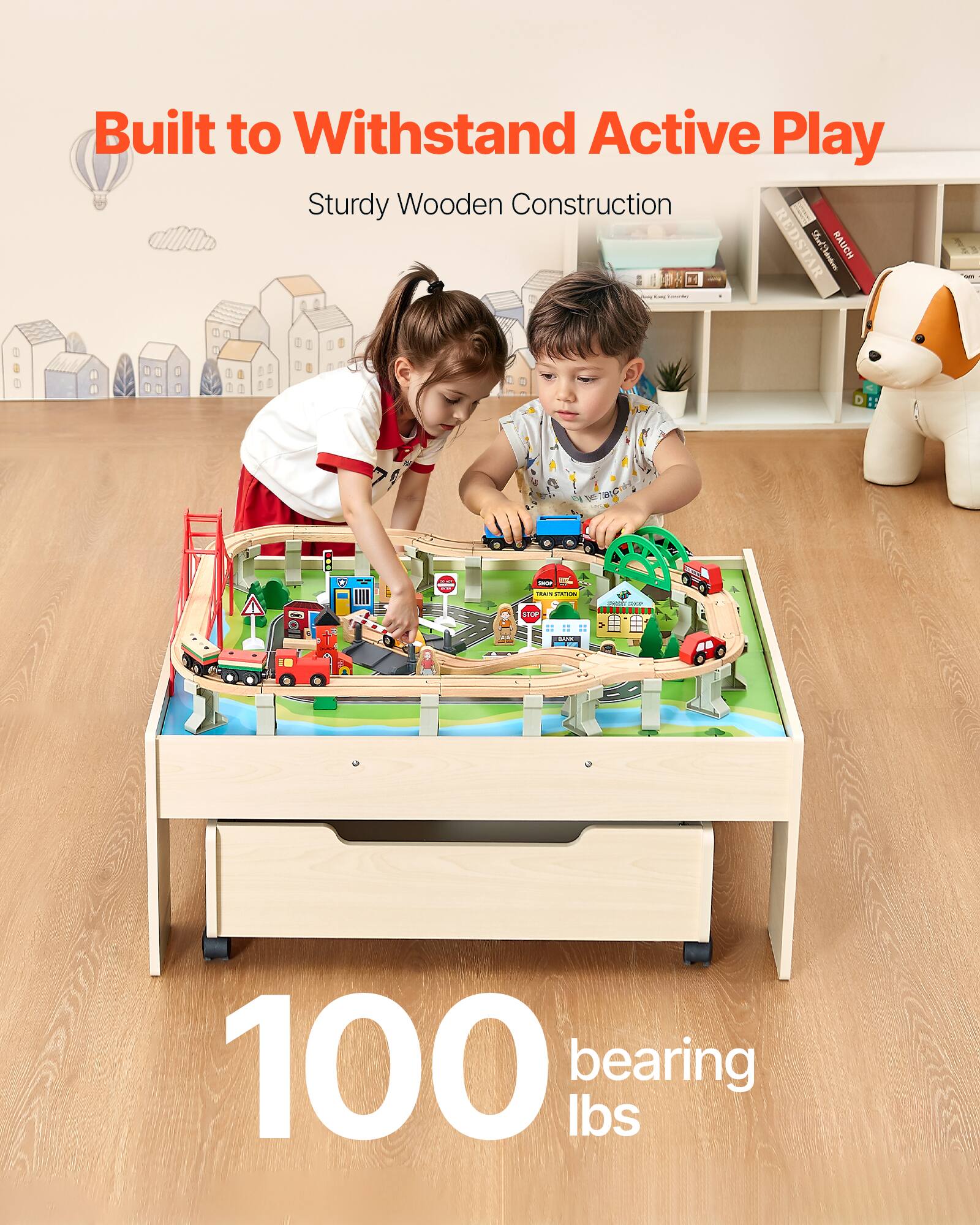 Built to Withstand Active Play
Sturdy Wooden Construction
100 bearing lbs