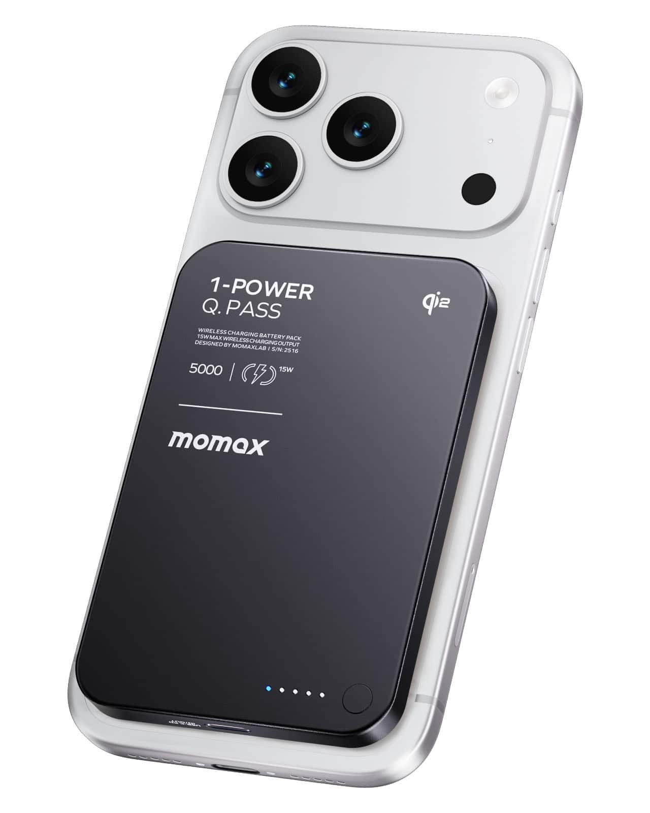 Momax - 1-Power Q.Pass Qi2 Magnetic Wireless Power Bank 5000mAh, 15W Fast Charging and PD 20W USB C Port - Black