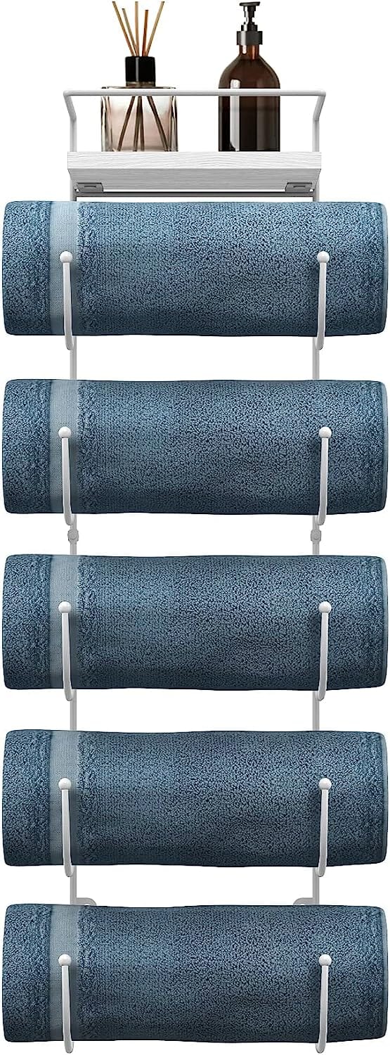 Sorbus - Bathroom Towel Holder - 5 Tier Metal Towel Rack with Wood Shelf for Rolled Bath Towels, Washcloths, Linens - White