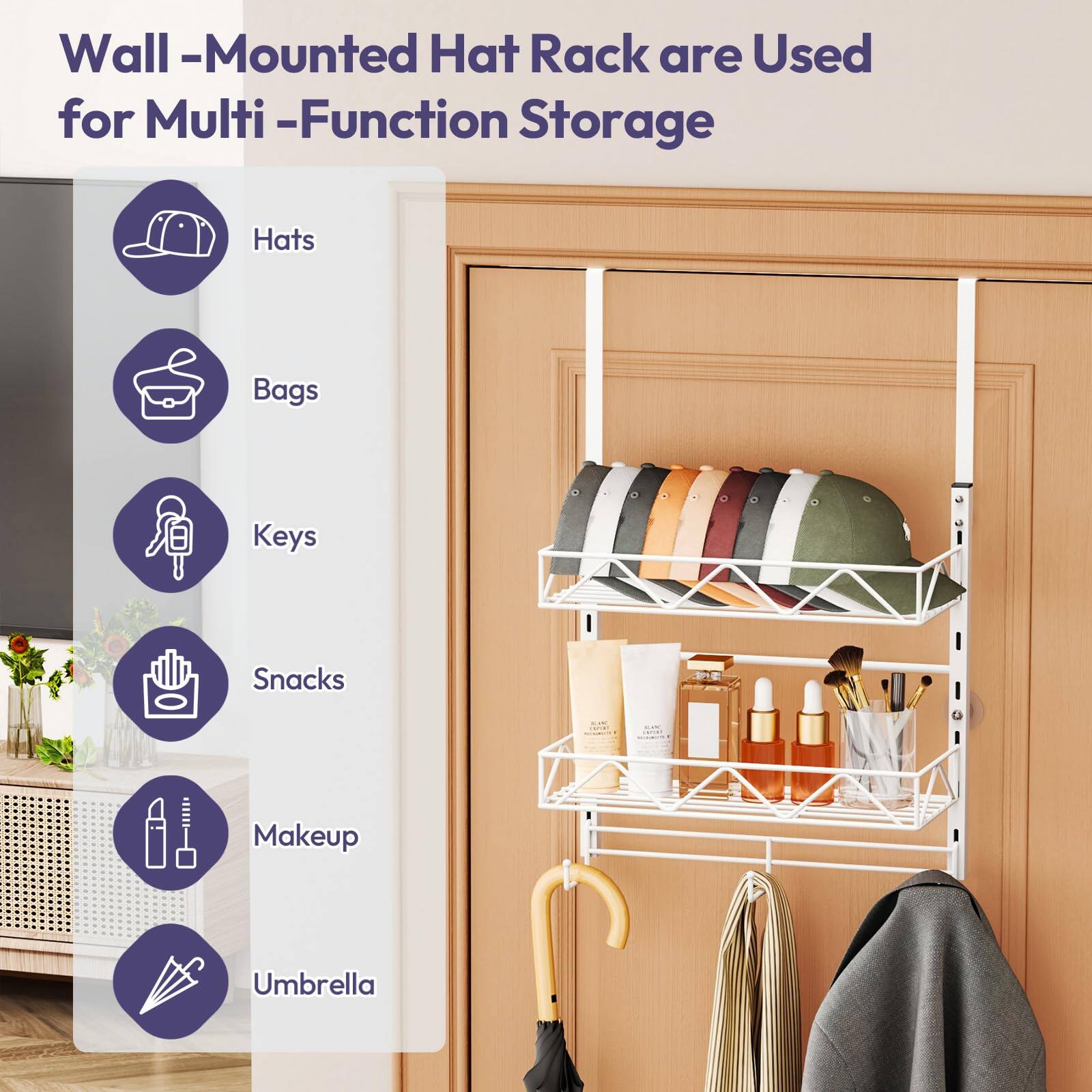 Wall-Mounted Hat Rack are Used for Multi-Function Storage

- Hats
- Bags
- Keys
- Snacks
- Makeup
- Umbrella