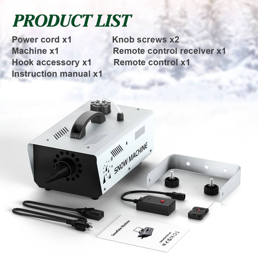 PRODUCT LIST

- Power cord x1
- Machine x1
- Hook accessory x1
- Instruction manual x1
- Knob screws x2
- Remote control receiver x1
- Remote control x1