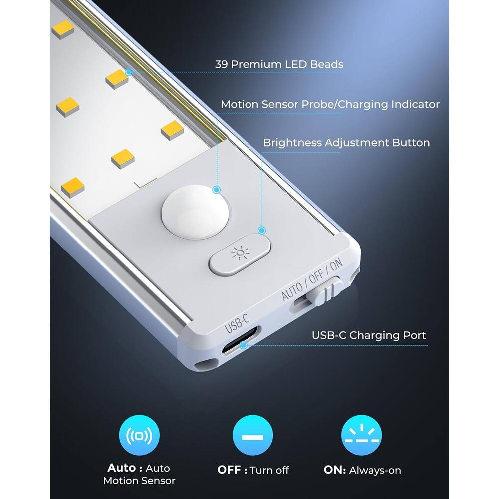 39 Premium LED Beads  
Motion Sensor Probe/Charging Indicator  
Brightness Adjustment Button  

USB-C Charging Port  

AUTO / OFF / ON  

Auto: Auto Motion Sensor  
OFF: Turn off  
ON: Always-on