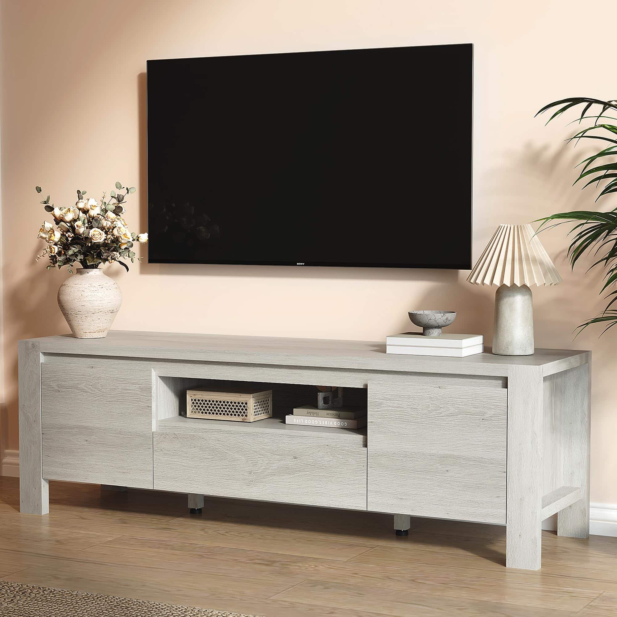 Qeetex - 63" Farmhouse TV Stand for 70" TVs, Entertainment Center with Doors, Adjustable Shelves & Storage Cabinet - Gray